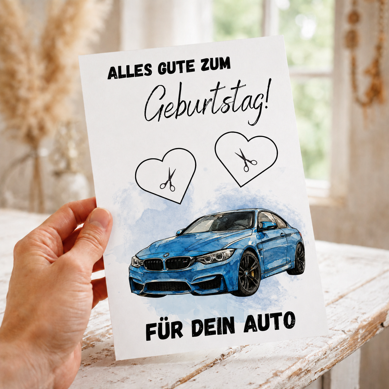 Geldgeschenk Geburtstag Auto Printable mit blauem Sportwagen im Aquarellstil, Herzfeldern für Geldscheine und Schriftzug Alles Gute zum Geburtstag, Digital Download DIN A4