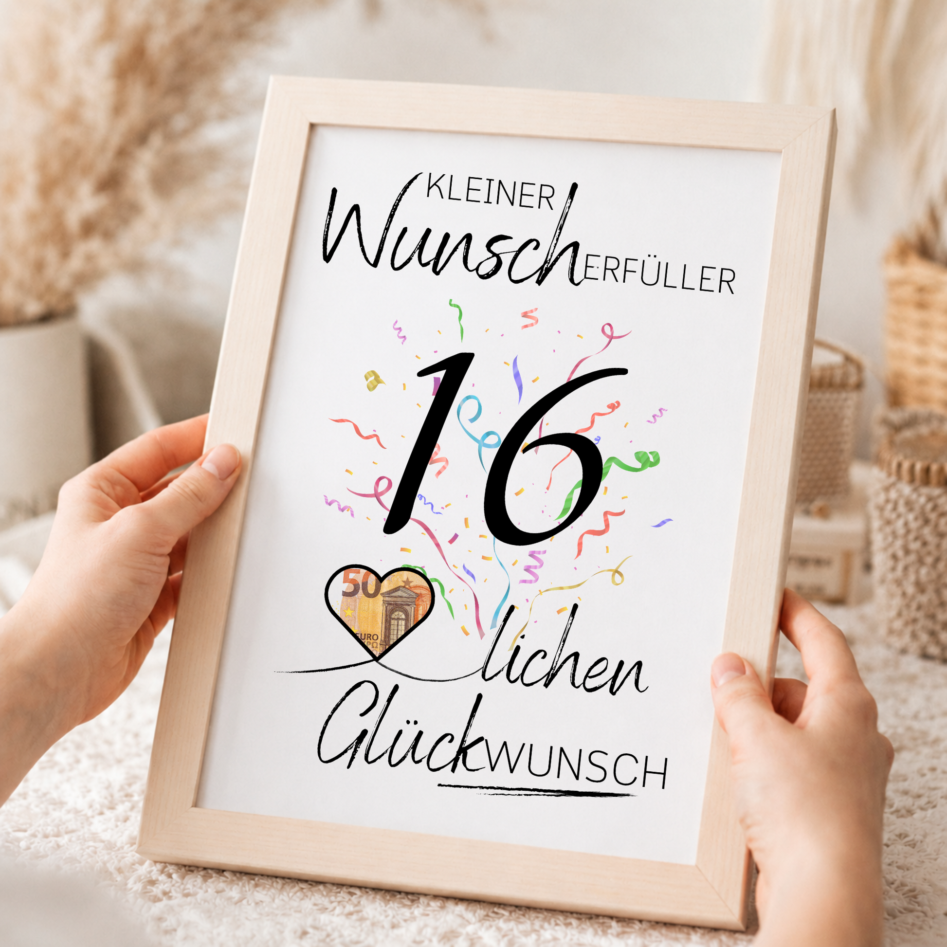 16. Geburtstag Geldgeschenk Printable als Wunscherfüller mit Herz-Ausschnitt für Geldschein, Digital Download DIN A4 zum Ausdrucken