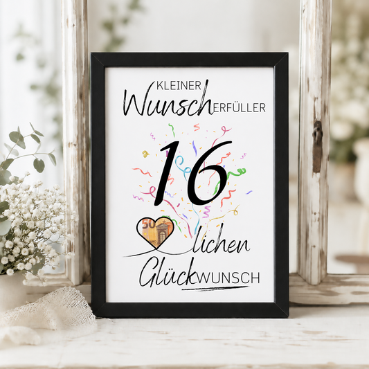 16. Geburtstag Geldgeschenk Printable als Wunscherfüller mit Herz-Ausschnitt für Geldschein, Digital Download DIN A4 zum Ausdrucken