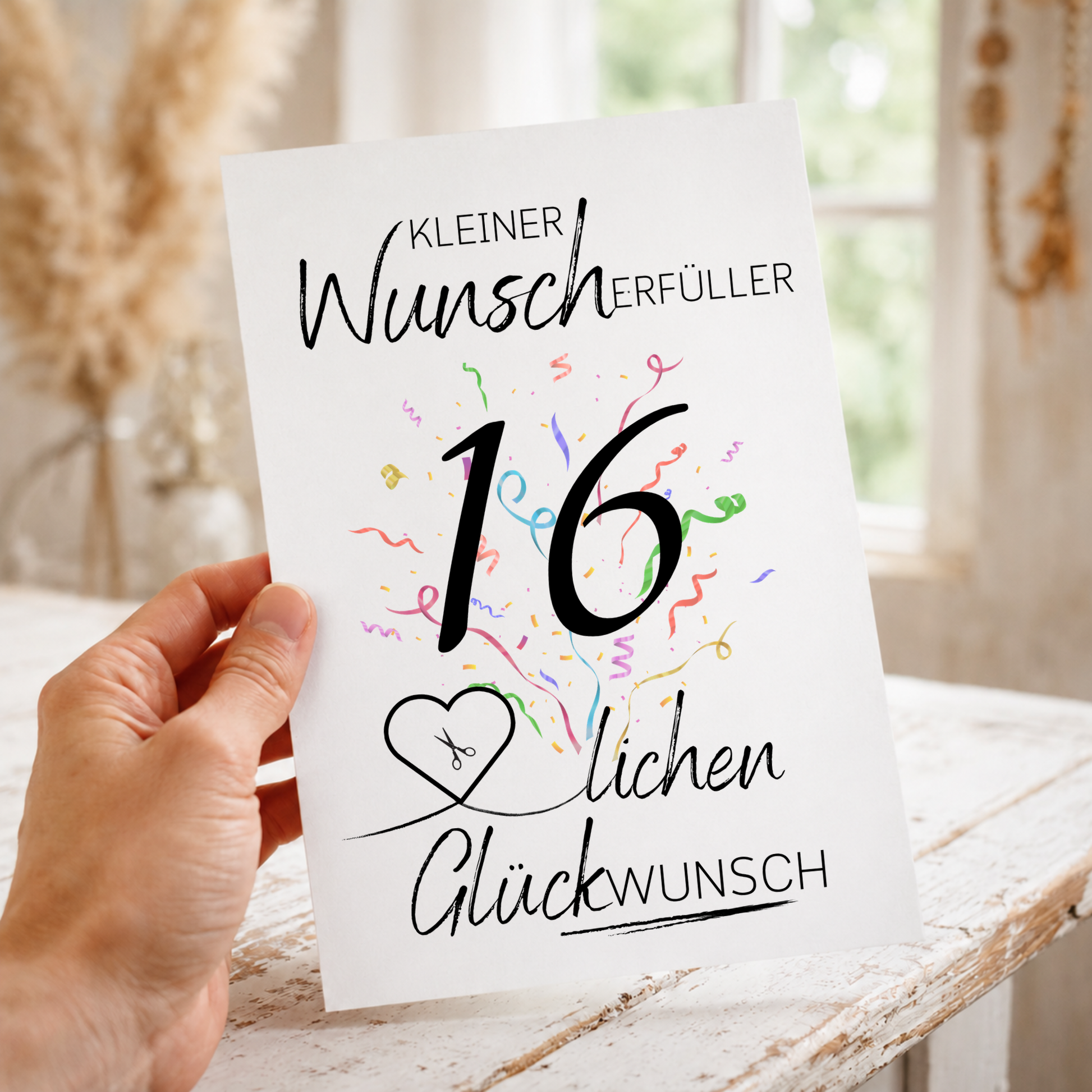 16. Geburtstag Geldgeschenk Printable als Wunscherfüller mit Herz-Ausschnitt für Geldschein, Digital Download DIN A4 zum Ausdrucken