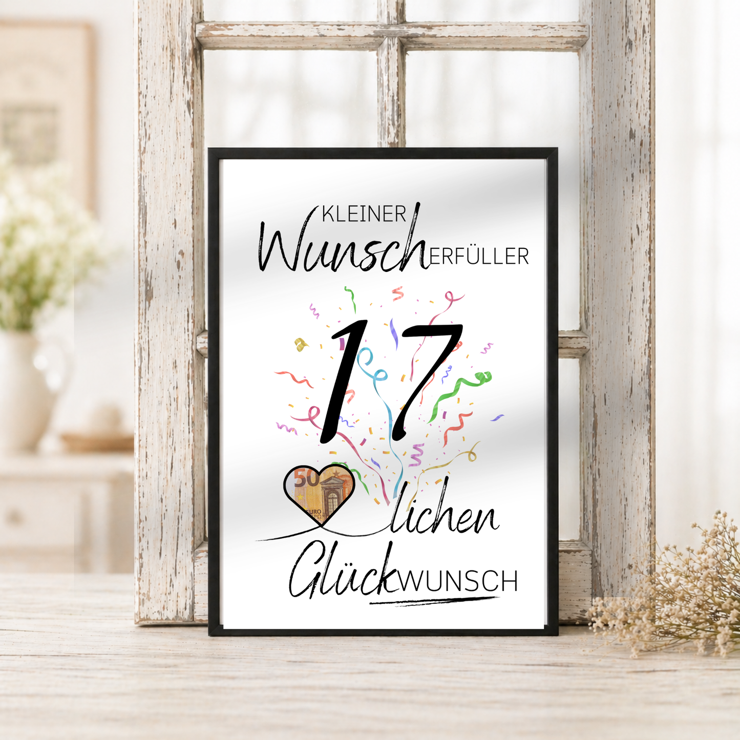 17. Geburtstag Geldgeschenk Printable mit Schriftzug Kleiner Wunscherfüller, großer Zahl 17, buntem Konfetti und Herz für Geldschein als Digital Download zum Ausdrucken
