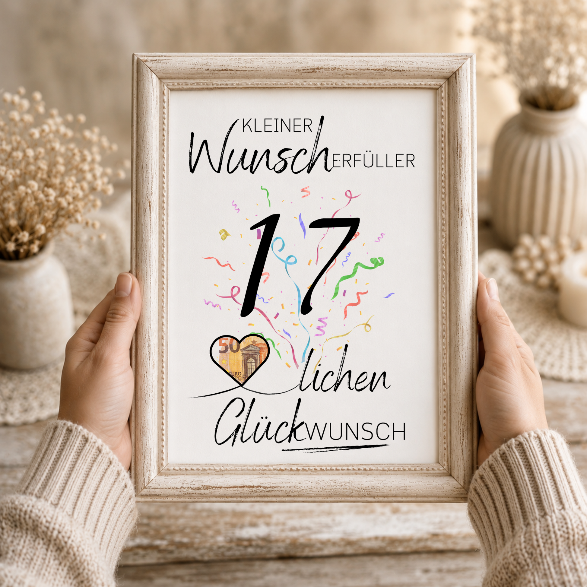 17. Geburtstag Geldgeschenk Printable mit Schriftzug Kleiner Wunscherfüller, großer Zahl 17, buntem Konfetti und Herz für Geldschein als Digital Download zum Ausdrucken