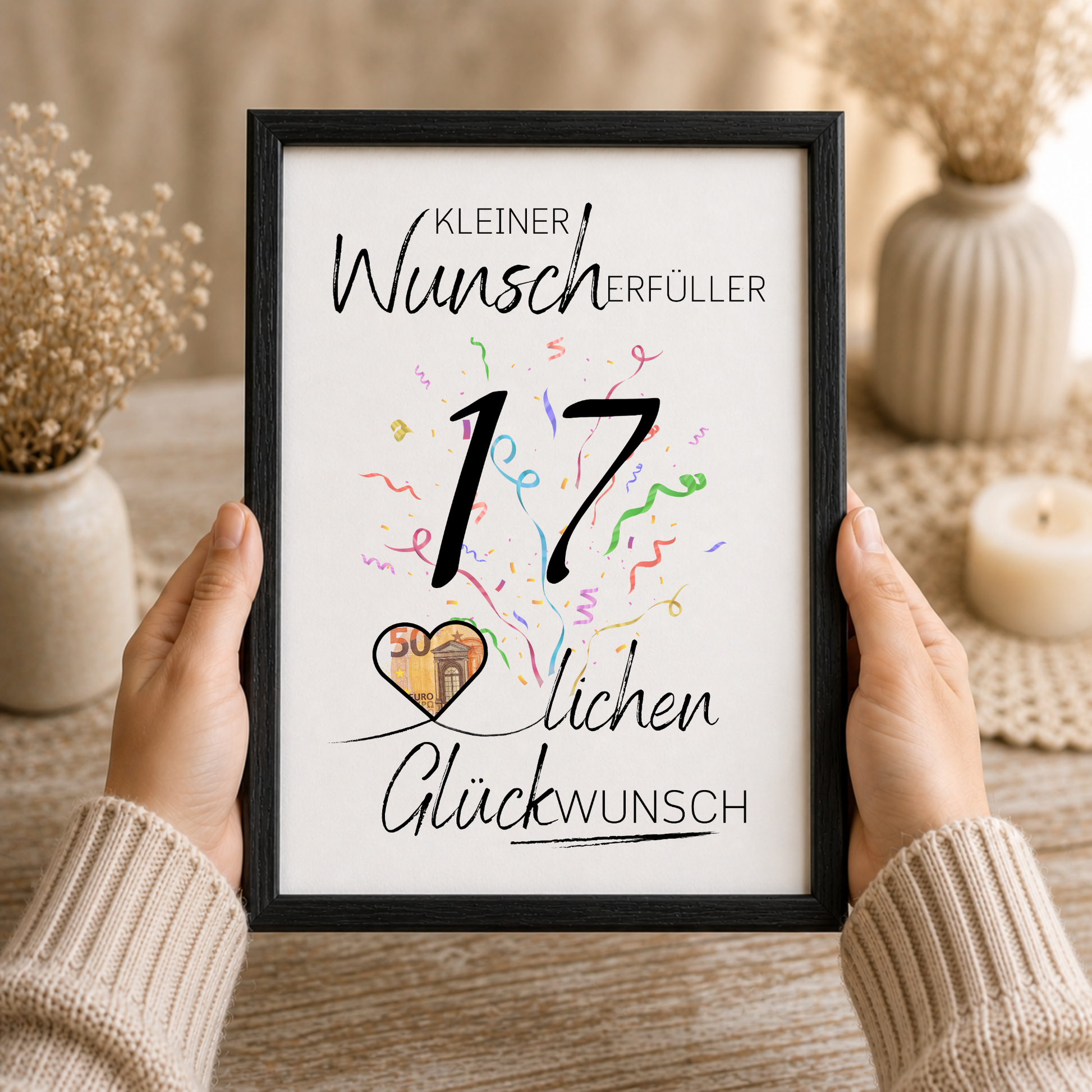 17. Geburtstag Geldgeschenk Printable mit Schriftzug Kleiner Wunscherfüller, großer Zahl 17, buntem Konfetti und Herz für Geldschein als Digital Download zum Ausdrucken