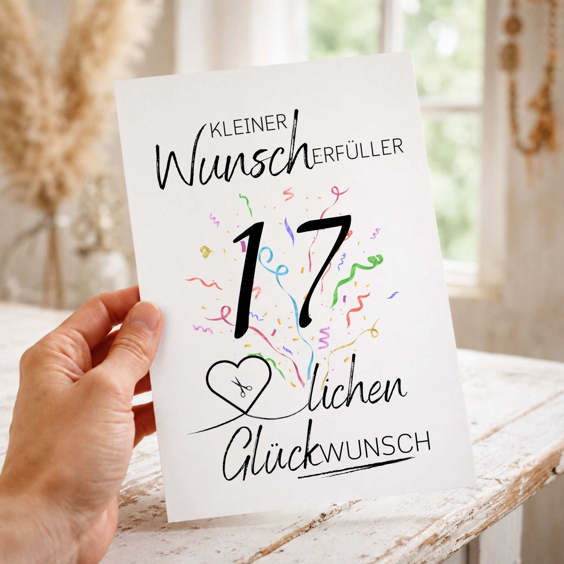 17. Geburtstag Geldgeschenk Printable mit Schriftzug Kleiner Wunscherfüller, großer Zahl 17, buntem Konfetti und Herz für Geldschein als Digital Download zum Ausdrucken
