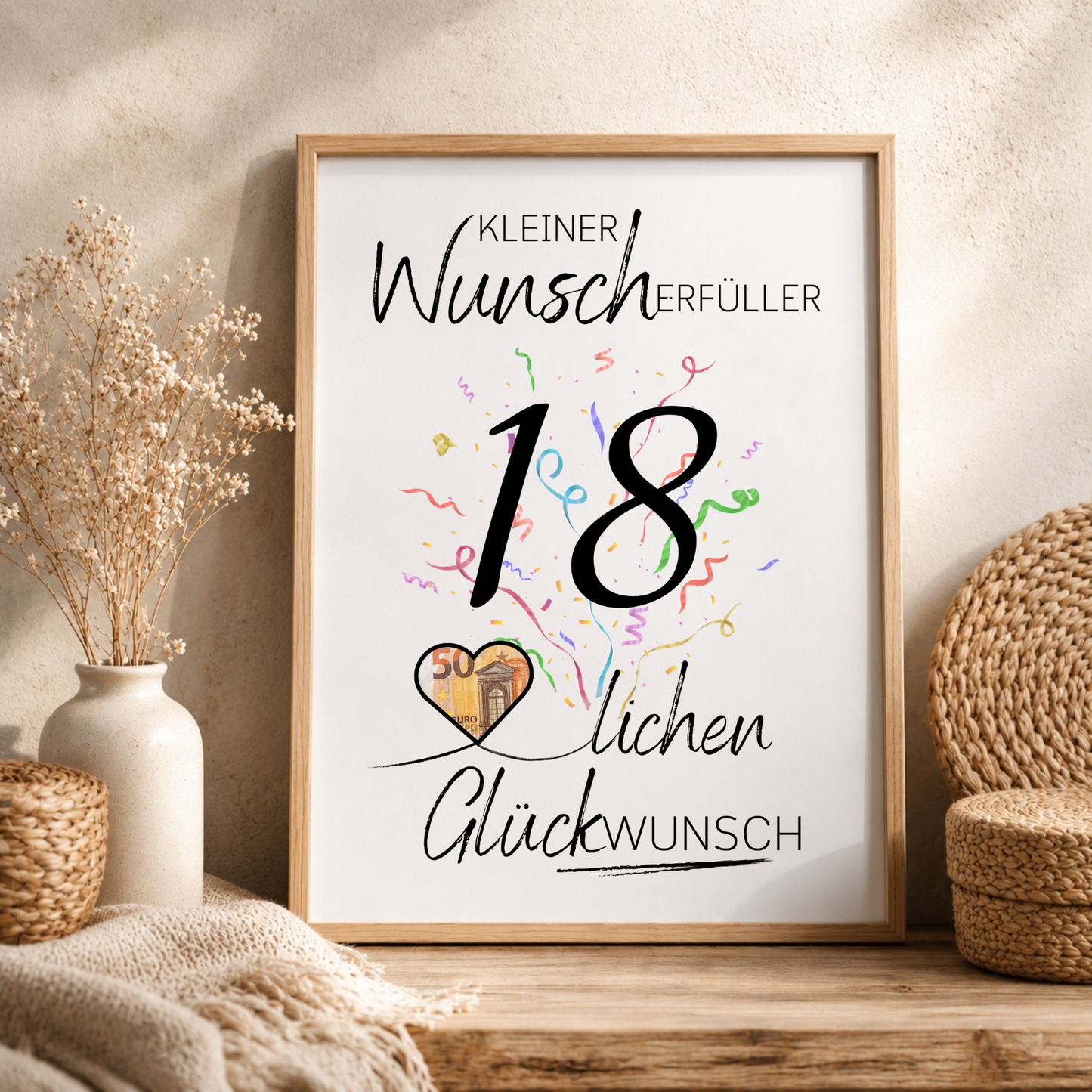 Geburtstag Geldgeschenk Printable mit schwarzer Zahl 18, buntem Konfetti und Herz für Geldschein als Digital Download zum Ausdrucken im DIN A4 Format