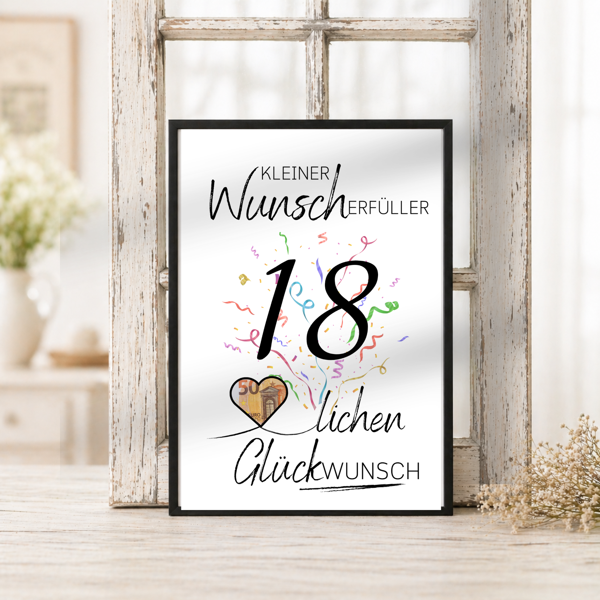 Geburtstag Geldgeschenk Printable mit schwarzer Zahl 18, buntem Konfetti und Herz für Geldschein als Digital Download zum Ausdrucken im DIN A4 Format