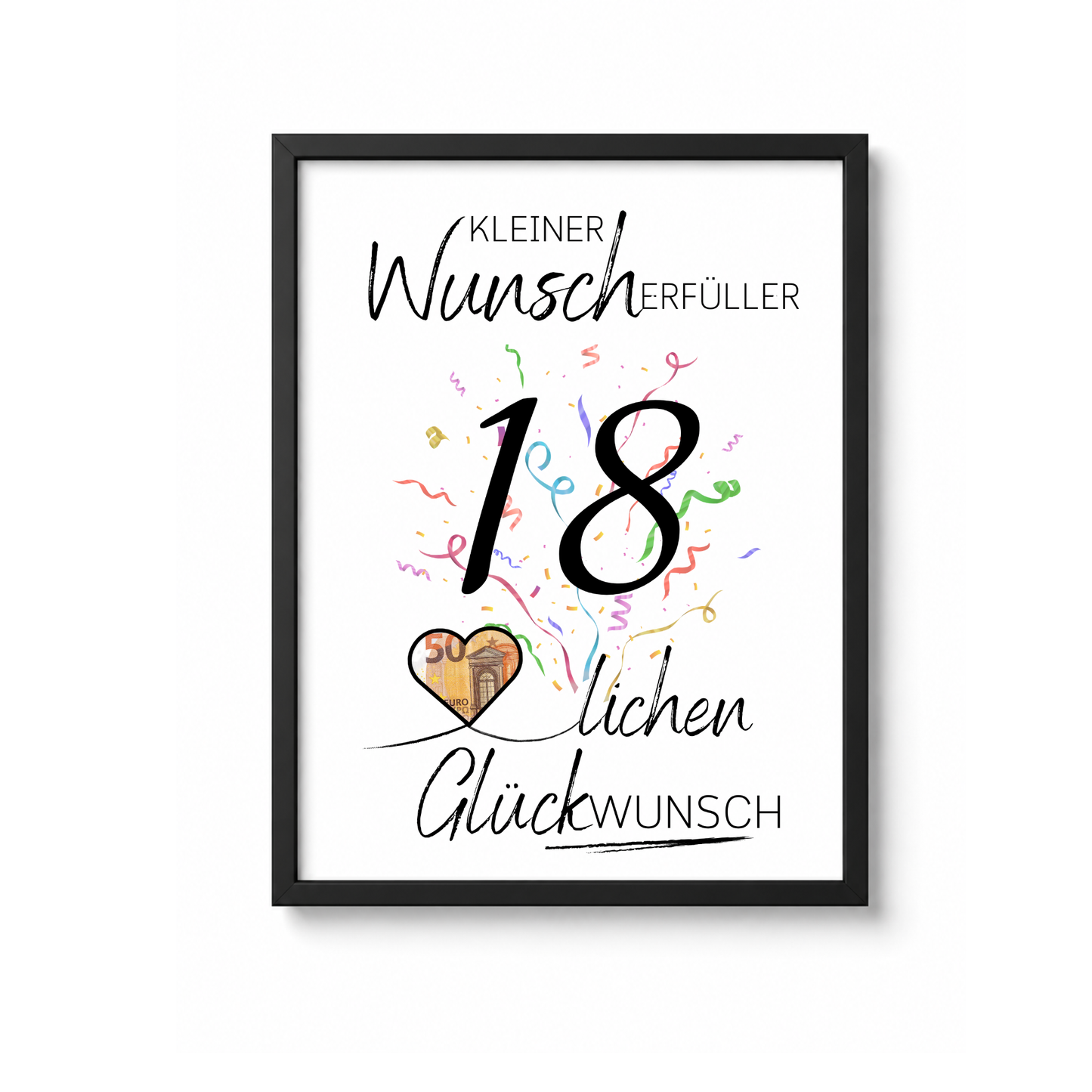 Geburtstag Geldgeschenk Printable mit schwarzer Zahl 18, buntem Konfetti und Herz für Geldschein als Digital Download zum Ausdrucken im DIN A4 Format