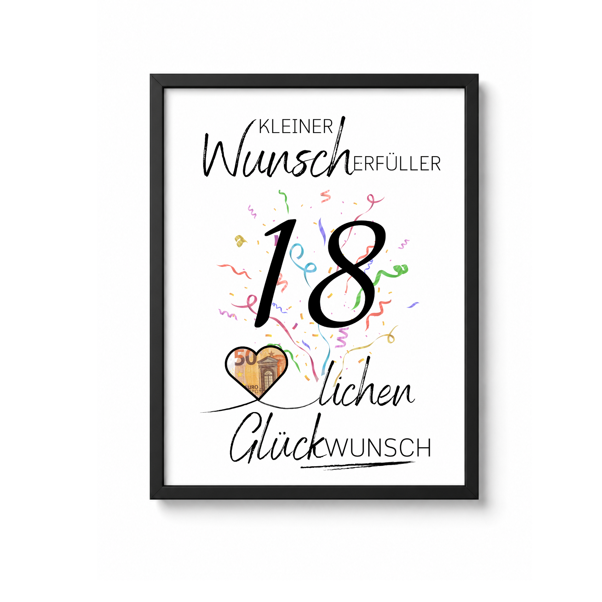 Geburtstag Geldgeschenk Printable mit schwarzer Zahl 18, buntem Konfetti und Herz für Geldschein als Digital Download zum Ausdrucken im DIN A4 Format