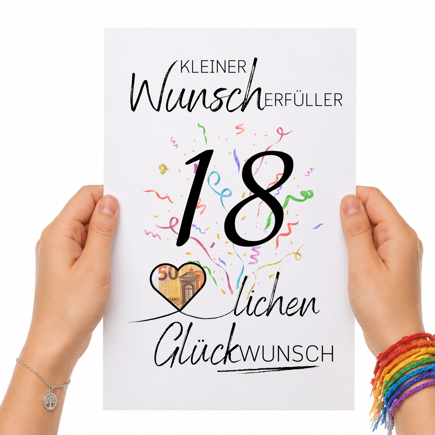 Geburtstag Geldgeschenk Printable mit schwarzer Zahl 18, buntem Konfetti und Herz für Geldschein als Digital Download zum Ausdrucken im DIN A4 Format