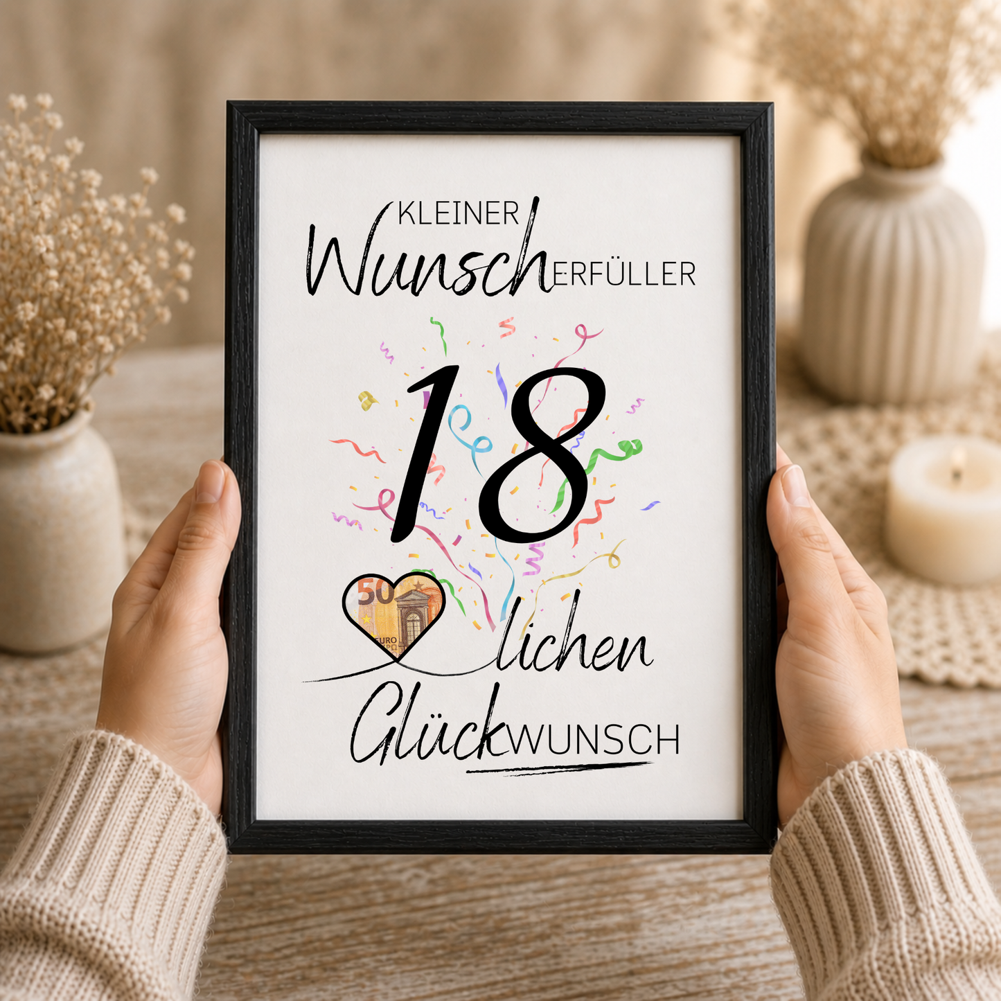 Geburtstag Geldgeschenk Printable mit schwarzer Zahl 18, buntem Konfetti und Herz für Geldschein als Digital Download zum Ausdrucken im DIN A4 Format
