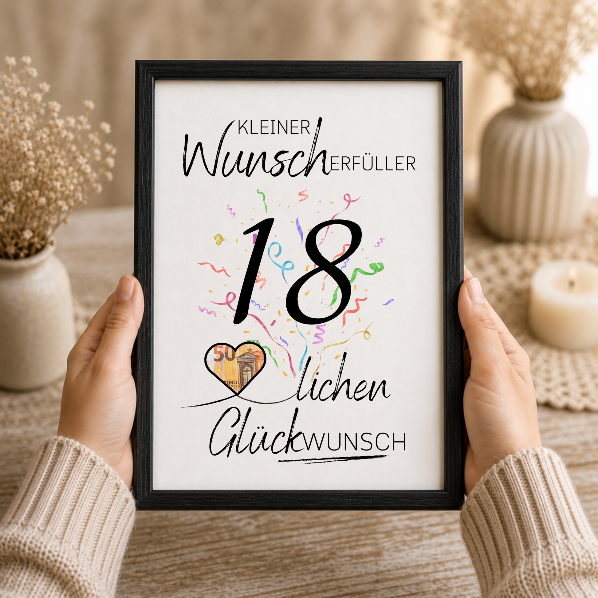 Geburtstag Geldgeschenk Printable mit schwarzer Zahl 18, buntem Konfetti und Herz für Geldschein als Digital Download zum Ausdrucken im DIN A4 Format