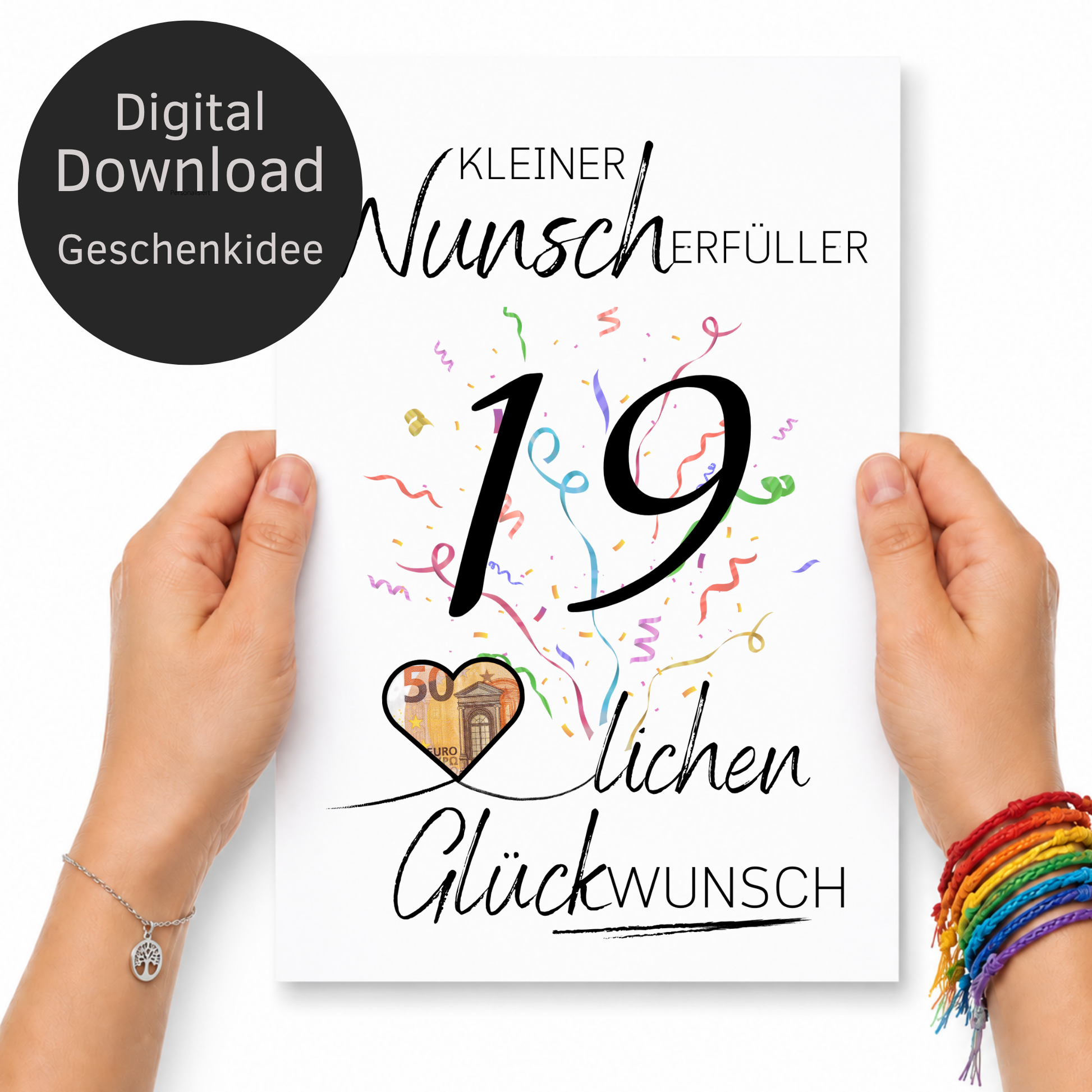 19. Geburtstag Geldgeschenk Printable mit großer schwarzer Zahl 19, buntem Konfetti, Herz für Geldschein und Schriftzug Kleiner Wunscherfüller Glückwunsch auf grauem Hintergrund