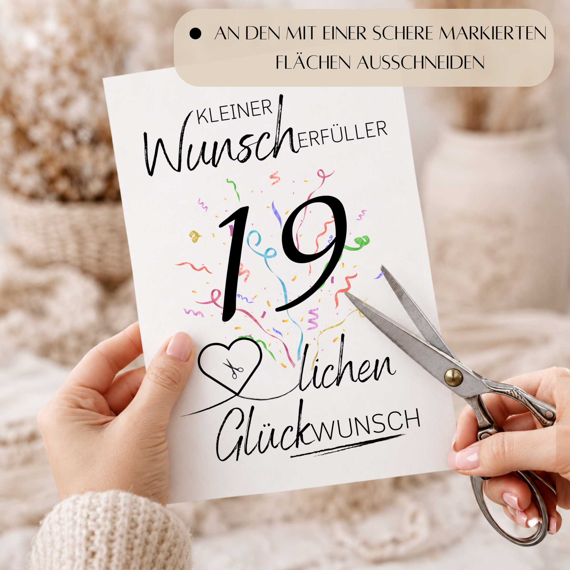 19. Geburtstag Geldgeschenk Printable mit großer schwarzer Zahl 19, buntem Konfetti, Herz für Geldschein und Schriftzug Kleiner Wunscherfüller Glückwunsch auf grauem Hintergrund