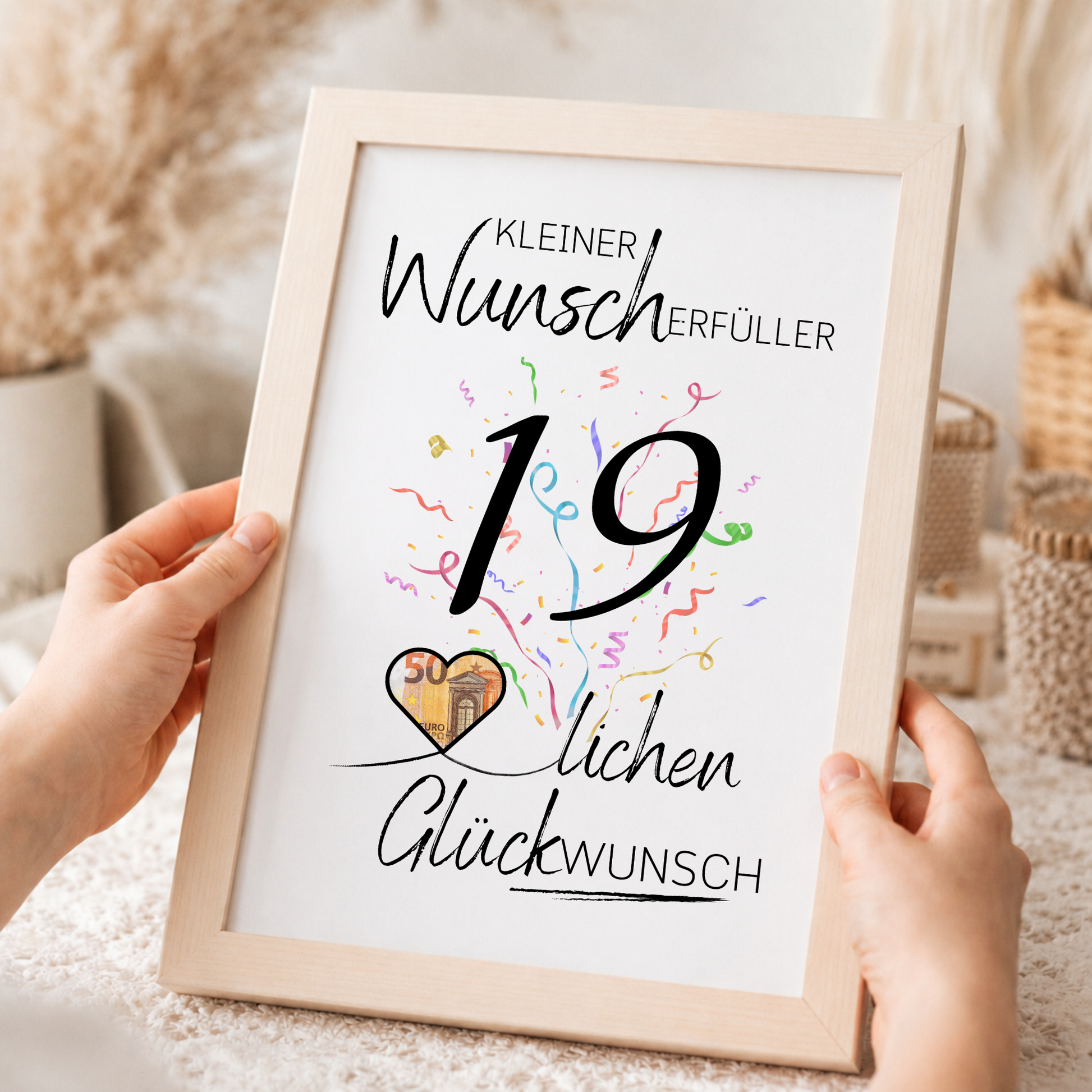 19. Geburtstag Geldgeschenk Printable mit großer schwarzer Zahl 19, buntem Konfetti, Herz für Geldschein und Schriftzug Kleiner Wunscherfüller Glückwunsch auf grauem Hintergrund