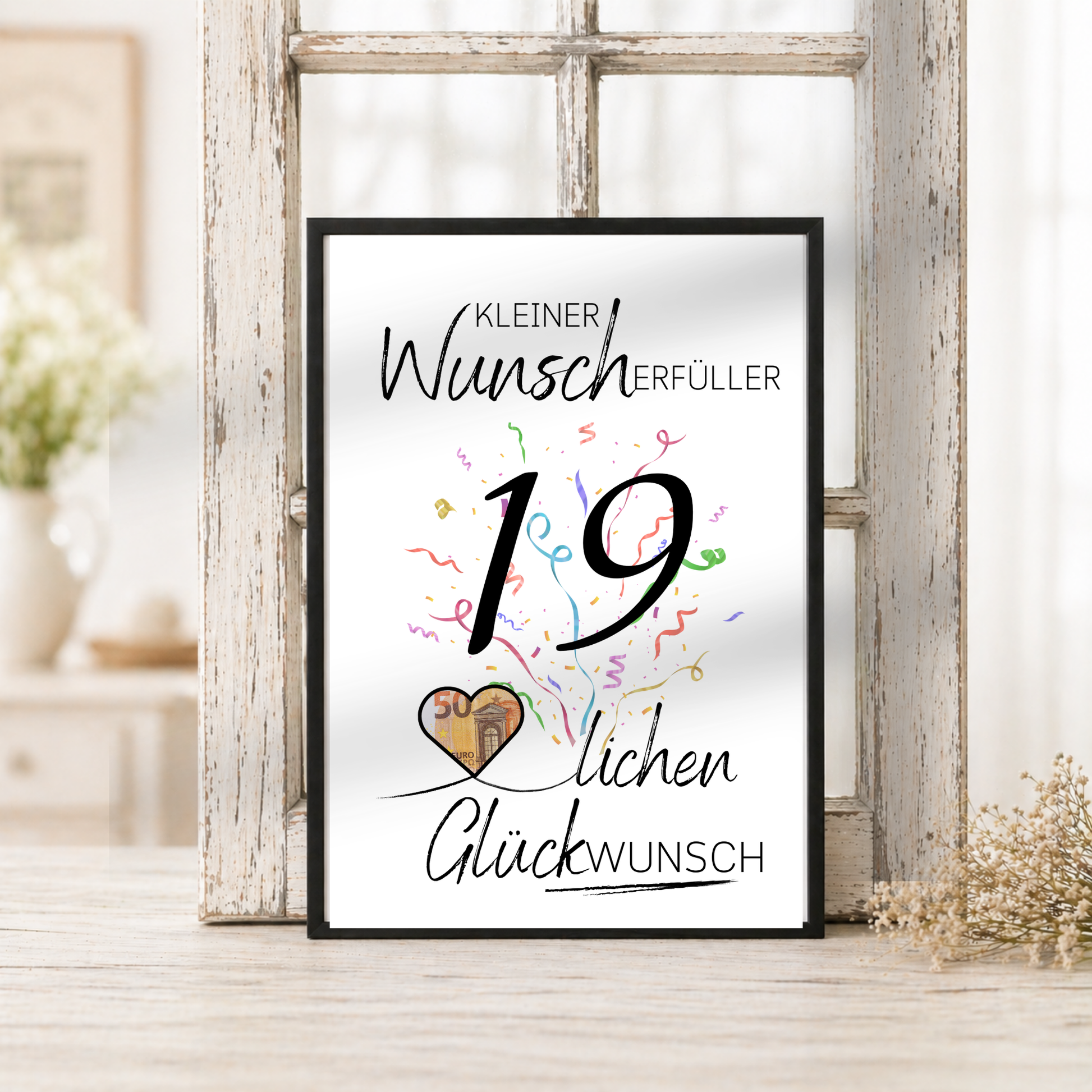 19. Geburtstag Geldgeschenk Printable mit großer schwarzer Zahl 19, buntem Konfetti, Herz für Geldschein und Schriftzug Kleiner Wunscherfüller Glückwunsch auf grauem Hintergrund