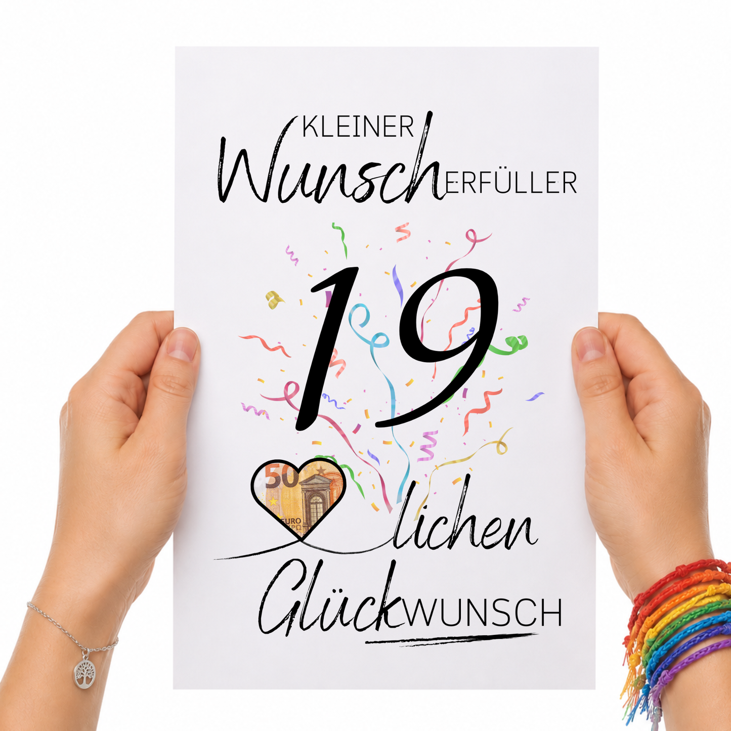 19. Geburtstag Geldgeschenk Printable mit großer schwarzer Zahl 19, buntem Konfetti, Herz für Geldschein und Schriftzug Kleiner Wunscherfüller Glückwunsch auf grauem Hintergrund