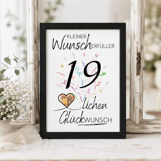 19. Geburtstag Geldgeschenk Printable mit großer schwarzer Zahl 19, buntem Konfetti, Herz für Geldschein und Schriftzug Kleiner Wunscherfüller Glückwunsch auf grauem Hintergrund