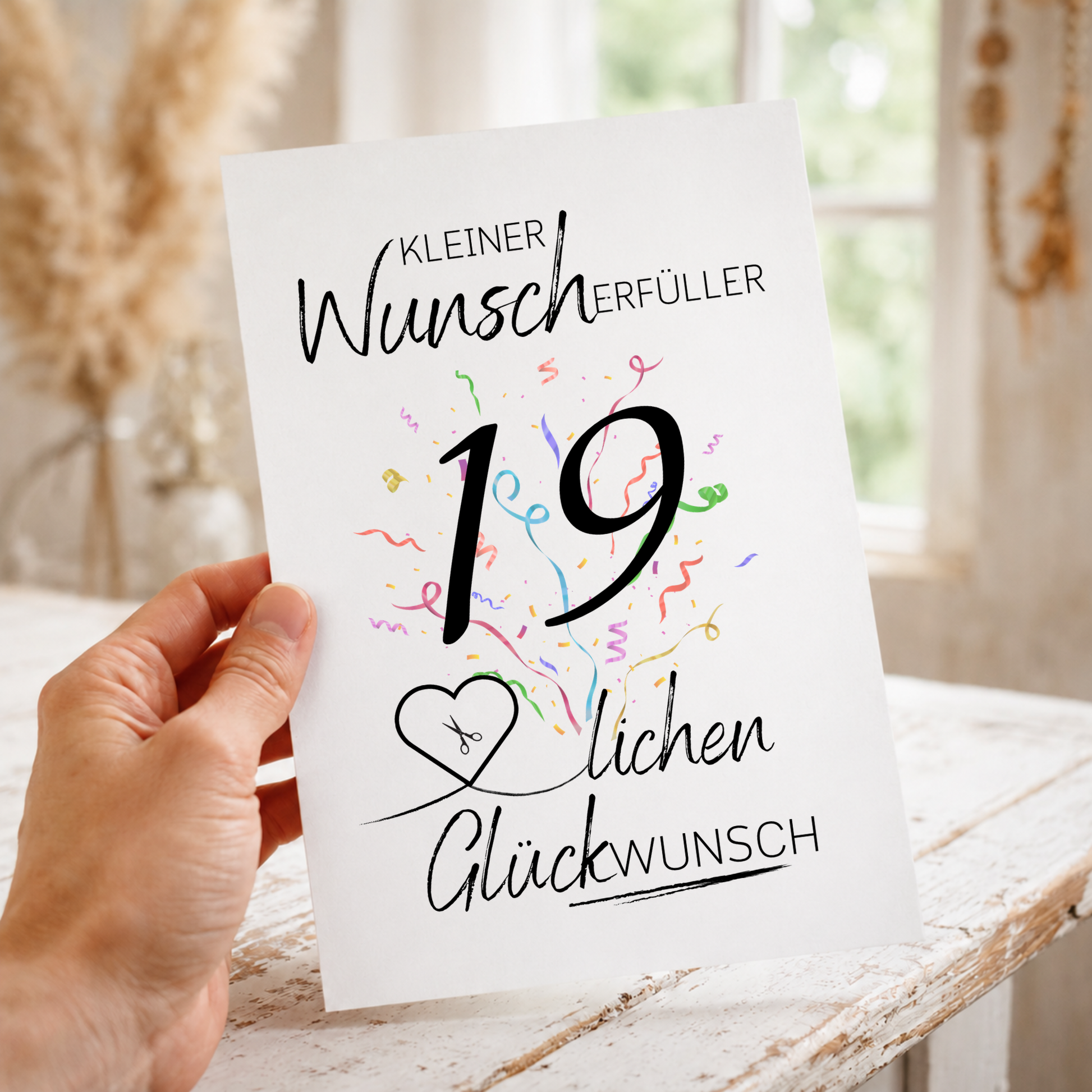 19. Geburtstag Geldgeschenk Printable mit großer schwarzer Zahl 19, buntem Konfetti, Herz für Geldschein und Schriftzug Kleiner Wunscherfüller Glückwunsch auf grauem Hintergrund