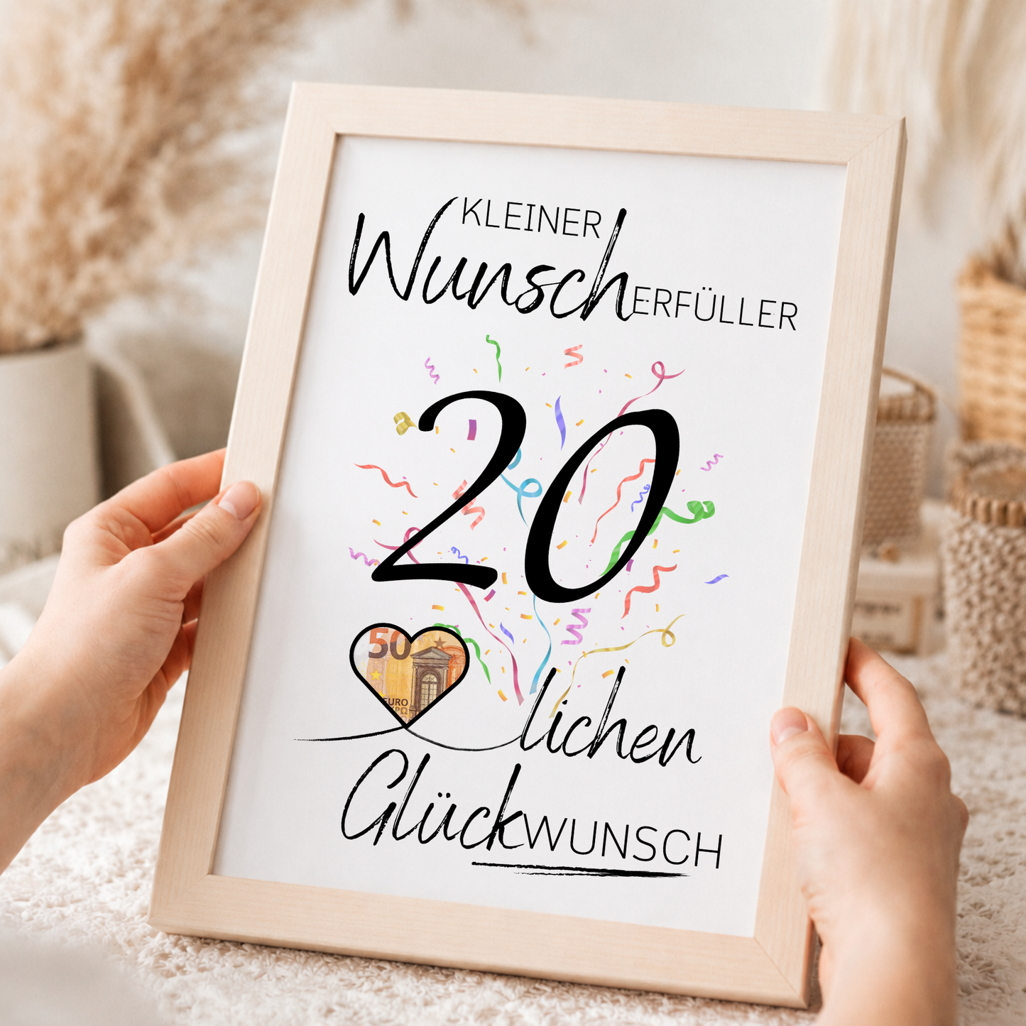 20. Geburtstag Geldgeschenk Printable mit großer schwarzer Zahl 20, buntem Konfetti, Herz zum Ausschneiden für Geldschein und Schriftzug Kleiner Wunscherfüller