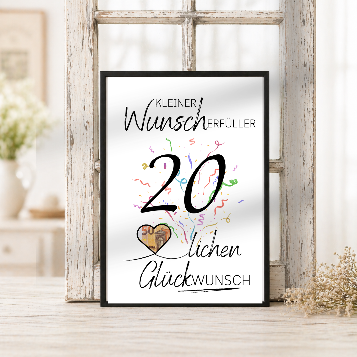 20. Geburtstag Geldgeschenk Printable mit großer schwarzer Zahl 20, buntem Konfetti, Herz zum Ausschneiden für Geldschein und Schriftzug Kleiner Wunscherfüller