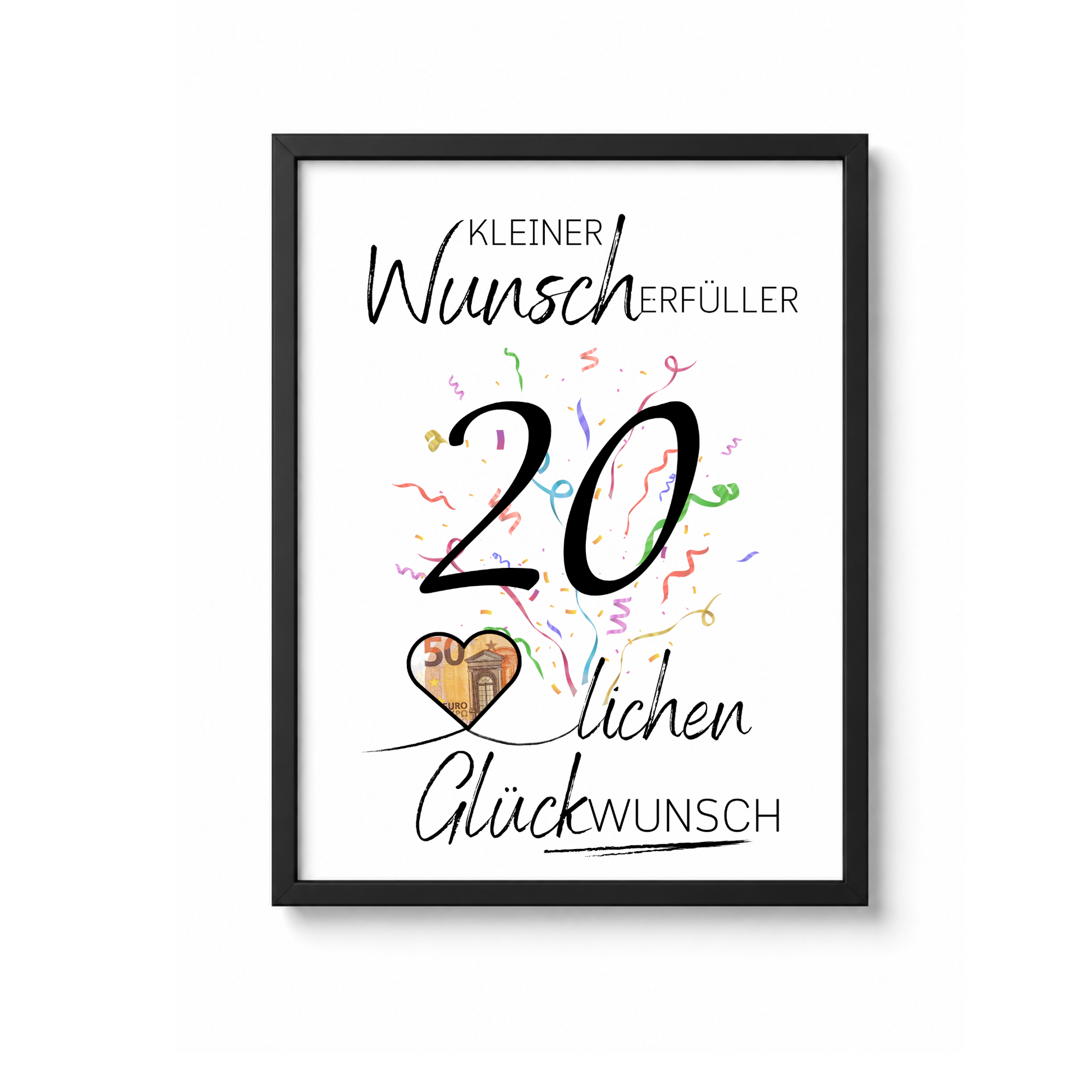 20. Geburtstag Geldgeschenk Printable mit großer schwarzer Zahl 20, buntem Konfetti, Herz zum Ausschneiden für Geldschein und Schriftzug Kleiner Wunscherfüller