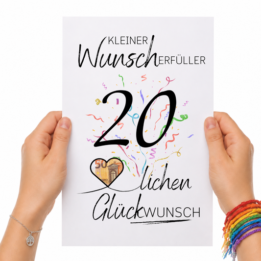 20. Geburtstag Geldgeschenk Printable mit großer schwarzer Zahl 20, buntem Konfetti, Herz zum Ausschneiden für Geldschein und Schriftzug Kleiner Wunscherfüller
