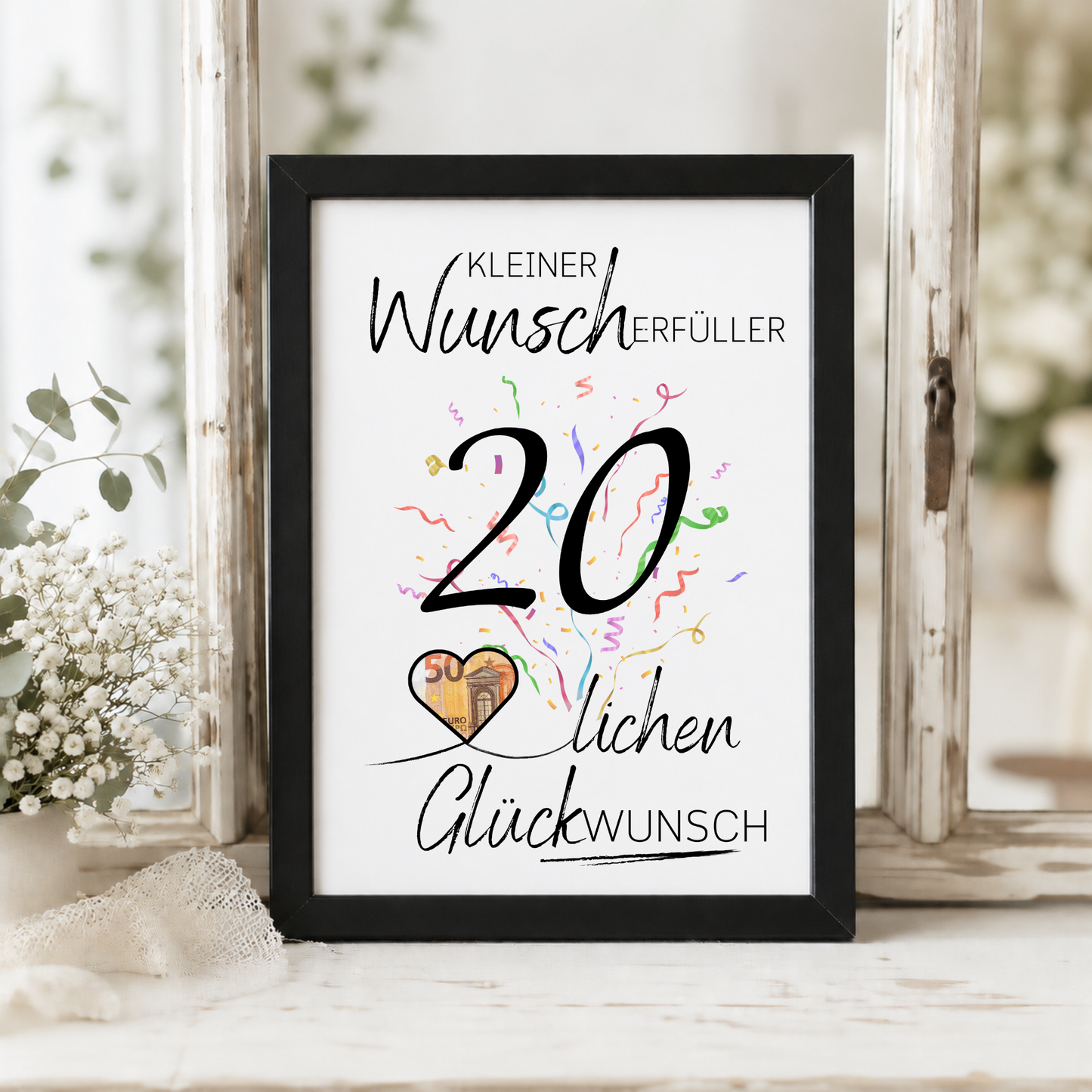 20. Geburtstag Geldgeschenk Printable mit großer schwarzer Zahl 20, buntem Konfetti, Herz zum Ausschneiden für Geldschein und Schriftzug Kleiner Wunscherfüller