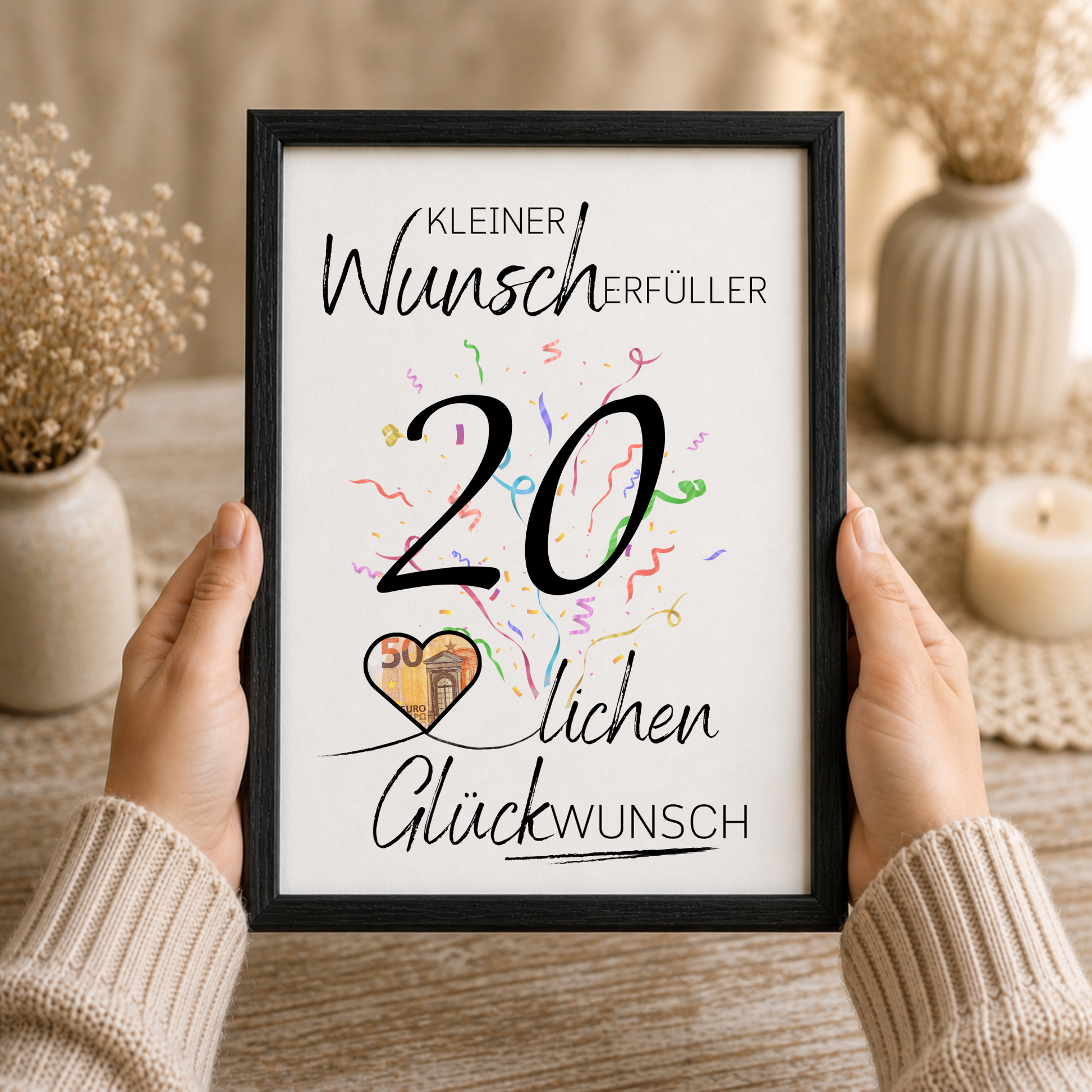 20. Geburtstag Geldgeschenk Printable mit großer schwarzer Zahl 20, buntem Konfetti, Herz zum Ausschneiden für Geldschein und Schriftzug Kleiner Wunscherfüller