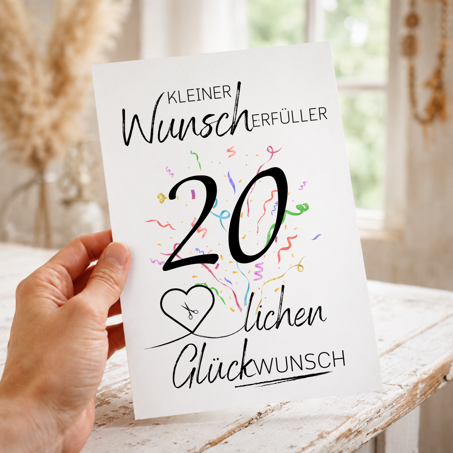 20. Geburtstag Geldgeschenk Printable mit großer schwarzer Zahl 20, buntem Konfetti, Herz zum Ausschneiden für Geldschein und Schriftzug Kleiner Wunscherfüller