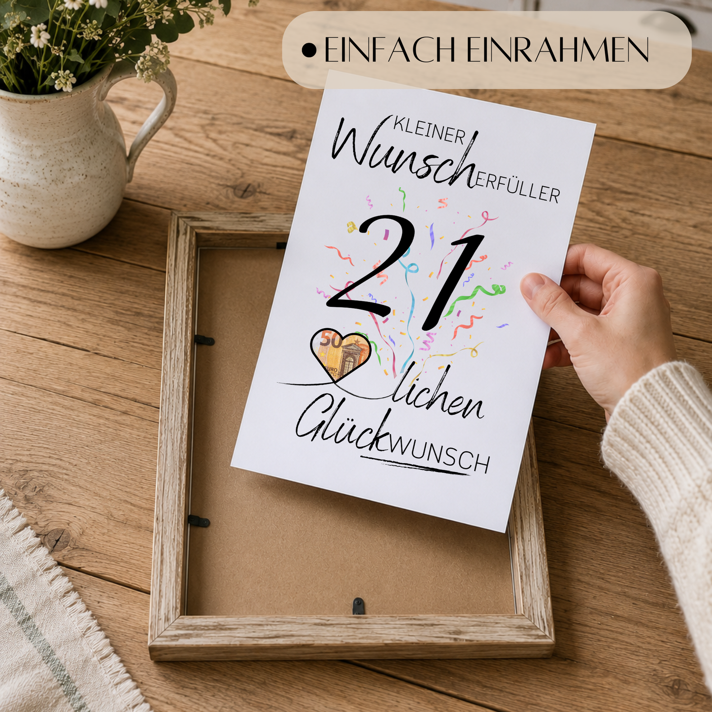Geldgeschenk 21. Geburtstag Printable mit großer schwarzer Zahl 21, buntem Konfetti, Herz für Geldschein und Schriftzug Kleiner Wunscherfüller Glückwunsch zum Ausdrucken