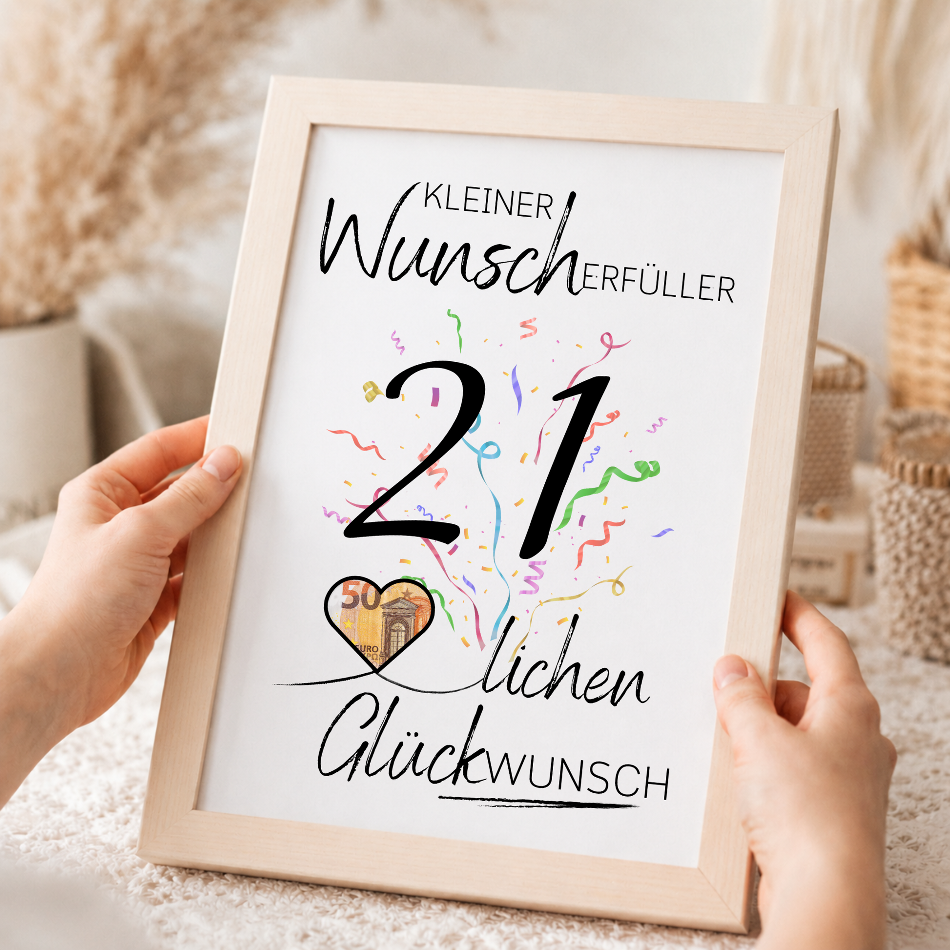 Geldgeschenk 21. Geburtstag Printable mit großer schwarzer Zahl 21, buntem Konfetti, Herz für Geldschein und Schriftzug Kleiner Wunscherfüller Glückwunsch zum Ausdrucken