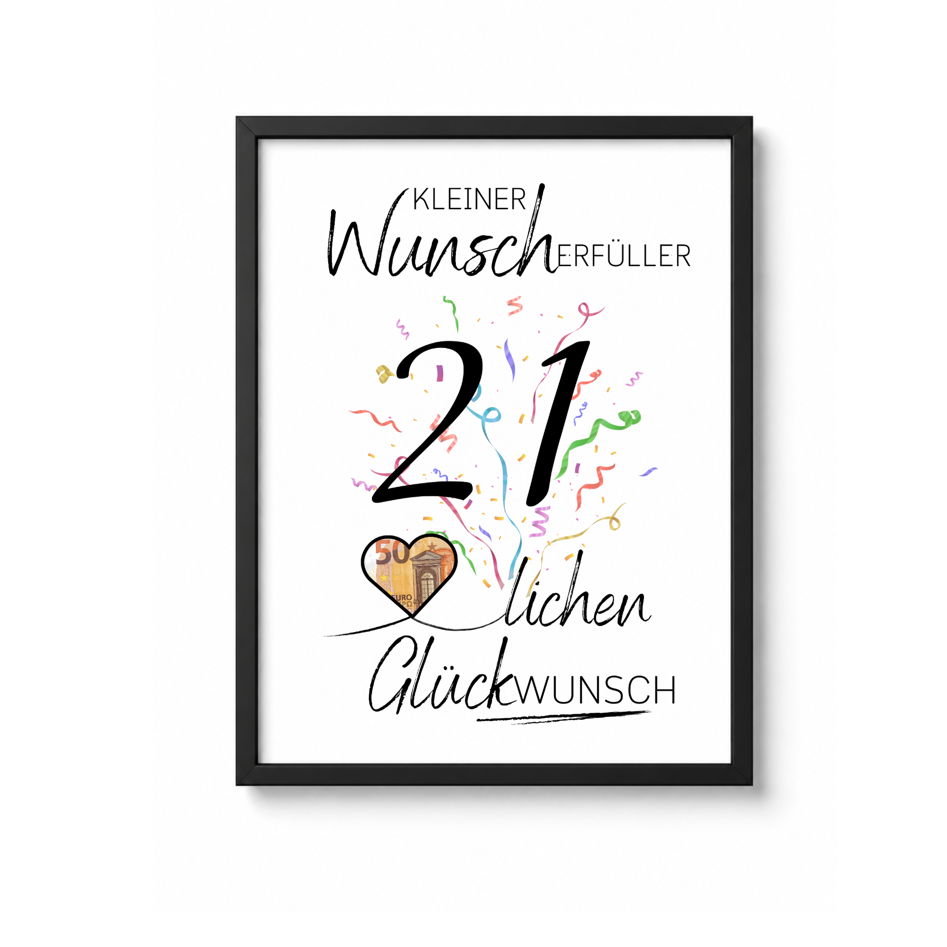 Geldgeschenk 21. Geburtstag Printable mit großer schwarzer Zahl 21, buntem Konfetti, Herz für Geldschein und Schriftzug Kleiner Wunscherfüller Glückwunsch zum Ausdrucken