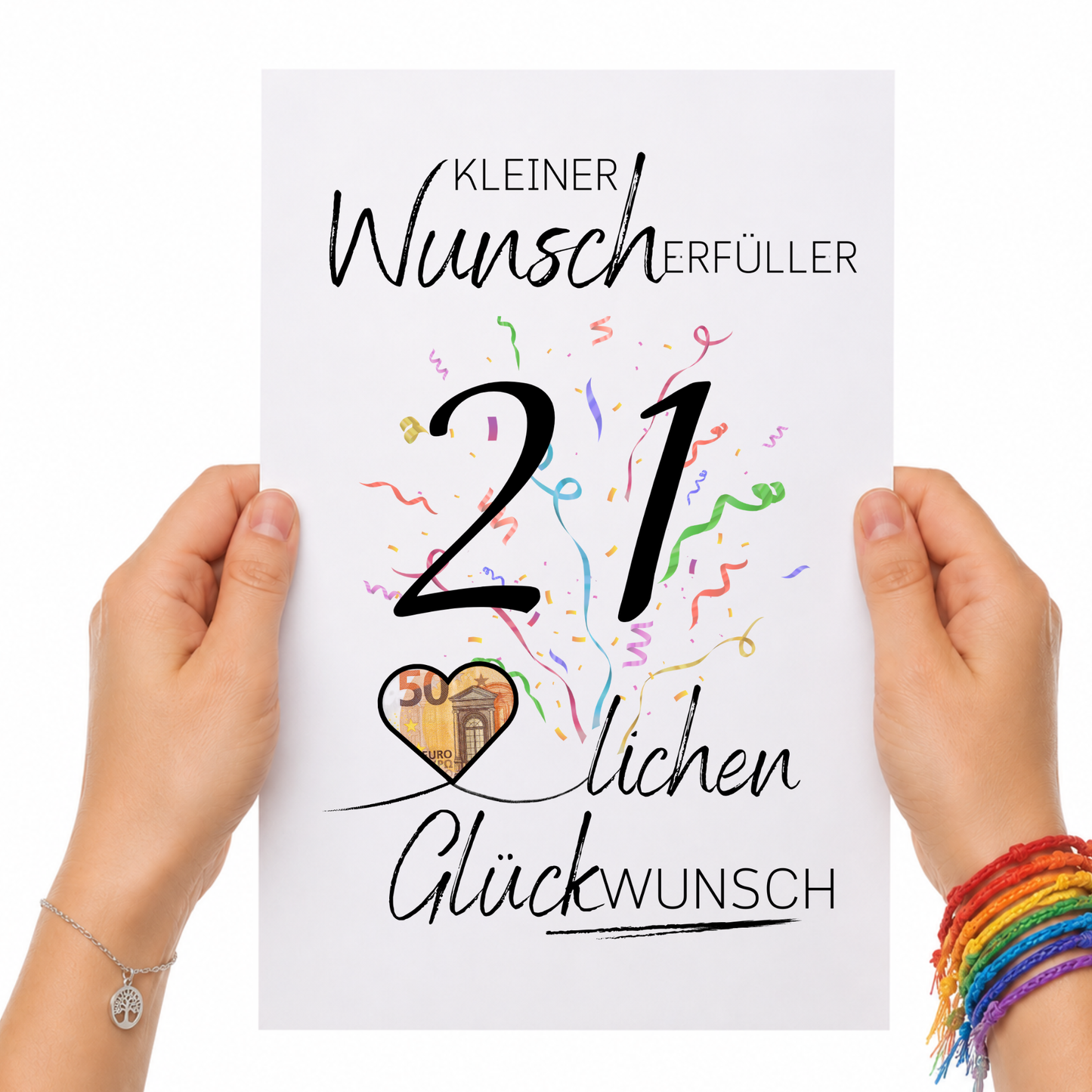 Geldgeschenk 21. Geburtstag Printable mit großer schwarzer Zahl 21, buntem Konfetti, Herz für Geldschein und Schriftzug Kleiner Wunscherfüller Glückwunsch zum Ausdrucken