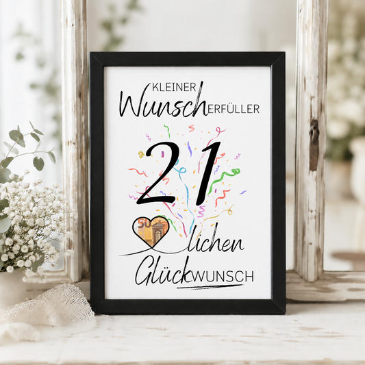 Geldgeschenk 21. Geburtstag Printable mit großer schwarzer Zahl 21, buntem Konfetti, Herz für Geldschein und Schriftzug Kleiner Wunscherfüller Glückwunsch zum Ausdrucken