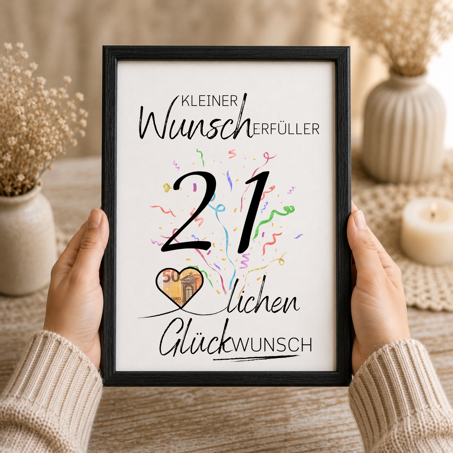 Geldgeschenk 21. Geburtstag Printable mit großer schwarzer Zahl 21, buntem Konfetti, Herz für Geldschein und Schriftzug Kleiner Wunscherfüller Glückwunsch zum Ausdrucken