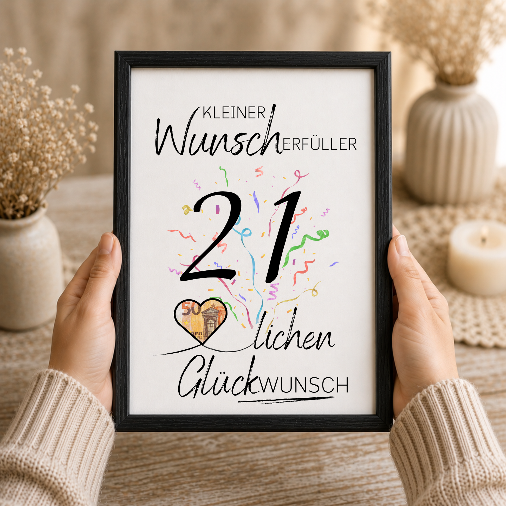 Geldgeschenk 21. Geburtstag Printable mit großer schwarzer Zahl 21, buntem Konfetti, Herz für Geldschein und Schriftzug Kleiner Wunscherfüller Glückwunsch zum Ausdrucken