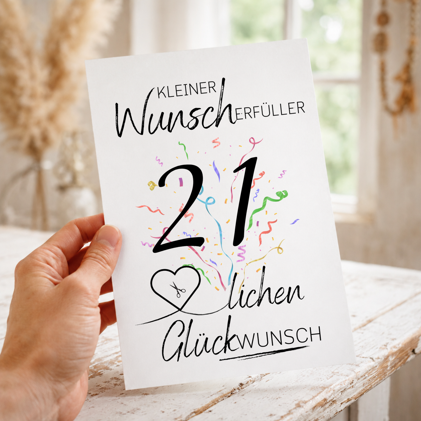 Geldgeschenk 21. Geburtstag Printable mit großer schwarzer Zahl 21, buntem Konfetti, Herz für Geldschein und Schriftzug Kleiner Wunscherfüller Glückwunsch zum Ausdrucken