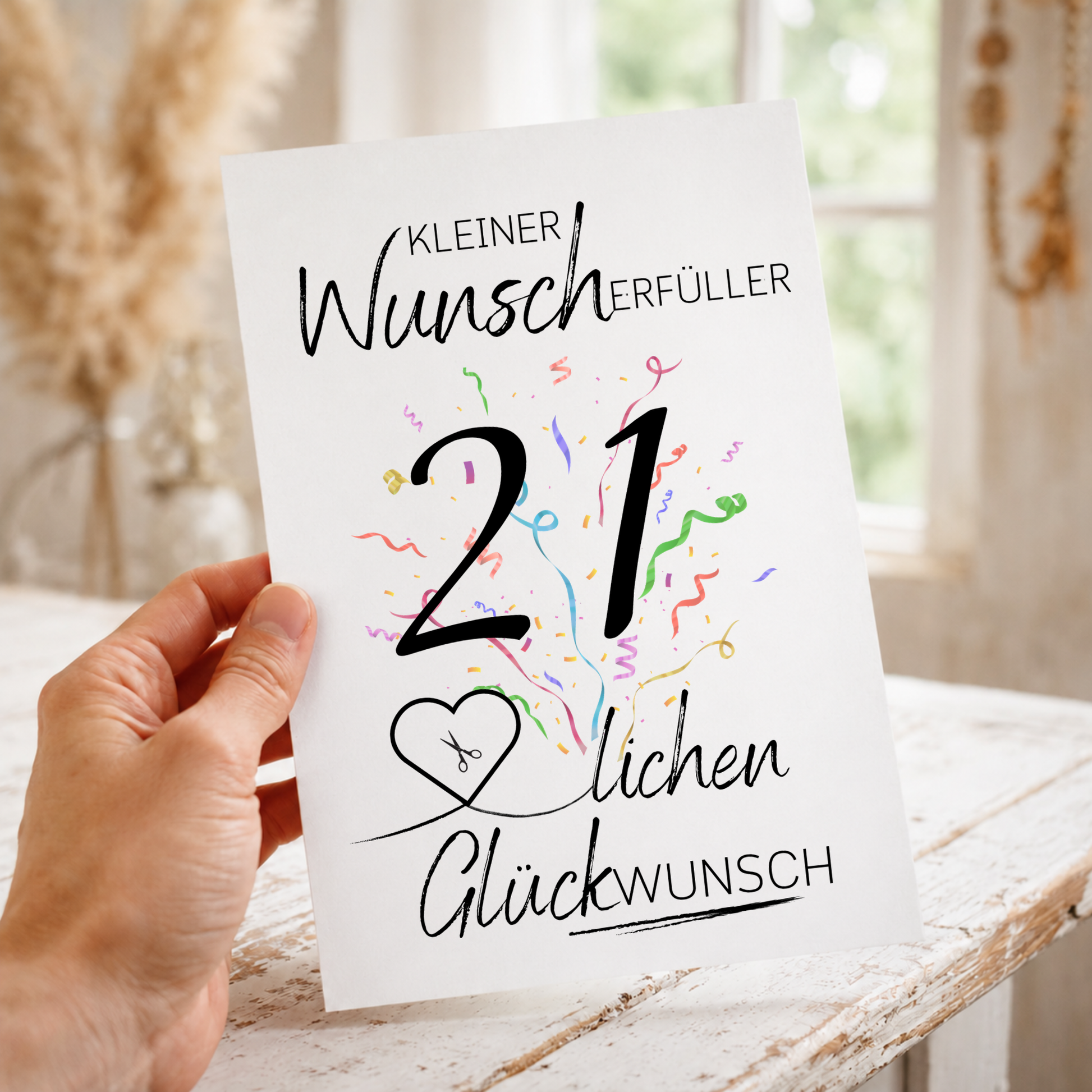 Geldgeschenk 21. Geburtstag Printable mit großer schwarzer Zahl 21, buntem Konfetti, Herz für Geldschein und Schriftzug Kleiner Wunscherfüller Glückwunsch zum Ausdrucken