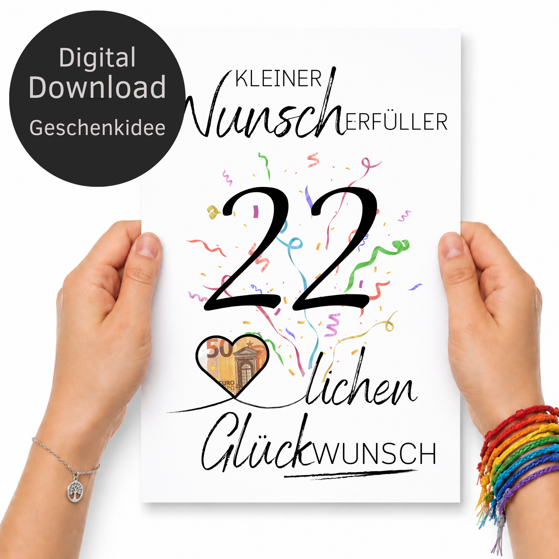 Geldgeschenk 22. Geburtstag Printable mit Konfetti, Herz für Geldschein und Schriftzug Kleiner Wunscherfüller als PDF Download