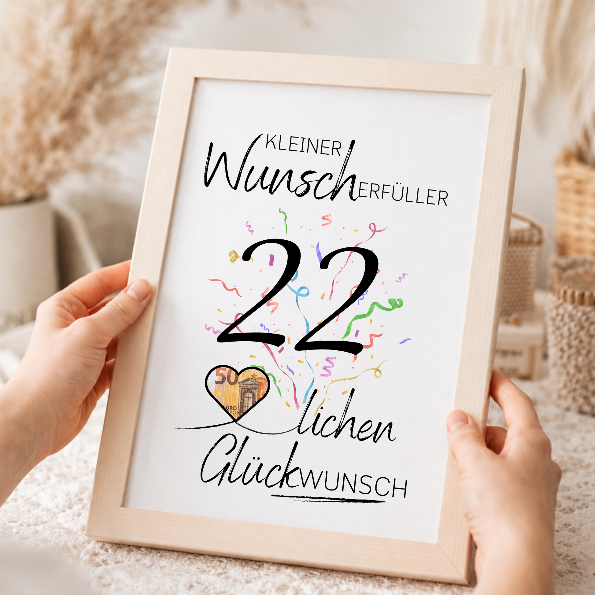 Geldgeschenk 22. Geburtstag Printable mit Konfetti, Herz für Geldschein und Schriftzug Kleiner Wunscherfüller als PDF Download