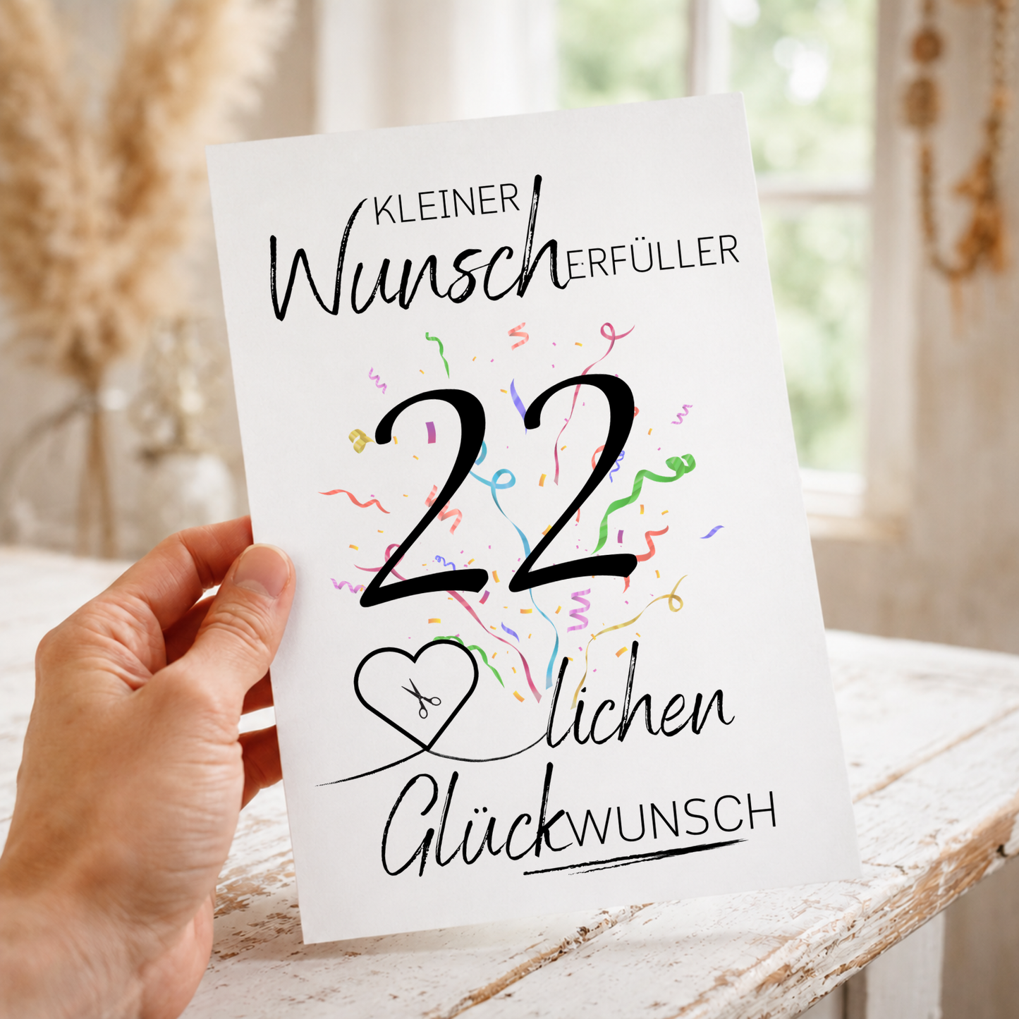 Geldgeschenk 22. Geburtstag Printable mit Konfetti, Herz für Geldschein und Schriftzug Kleiner Wunscherfüller als PDF Download