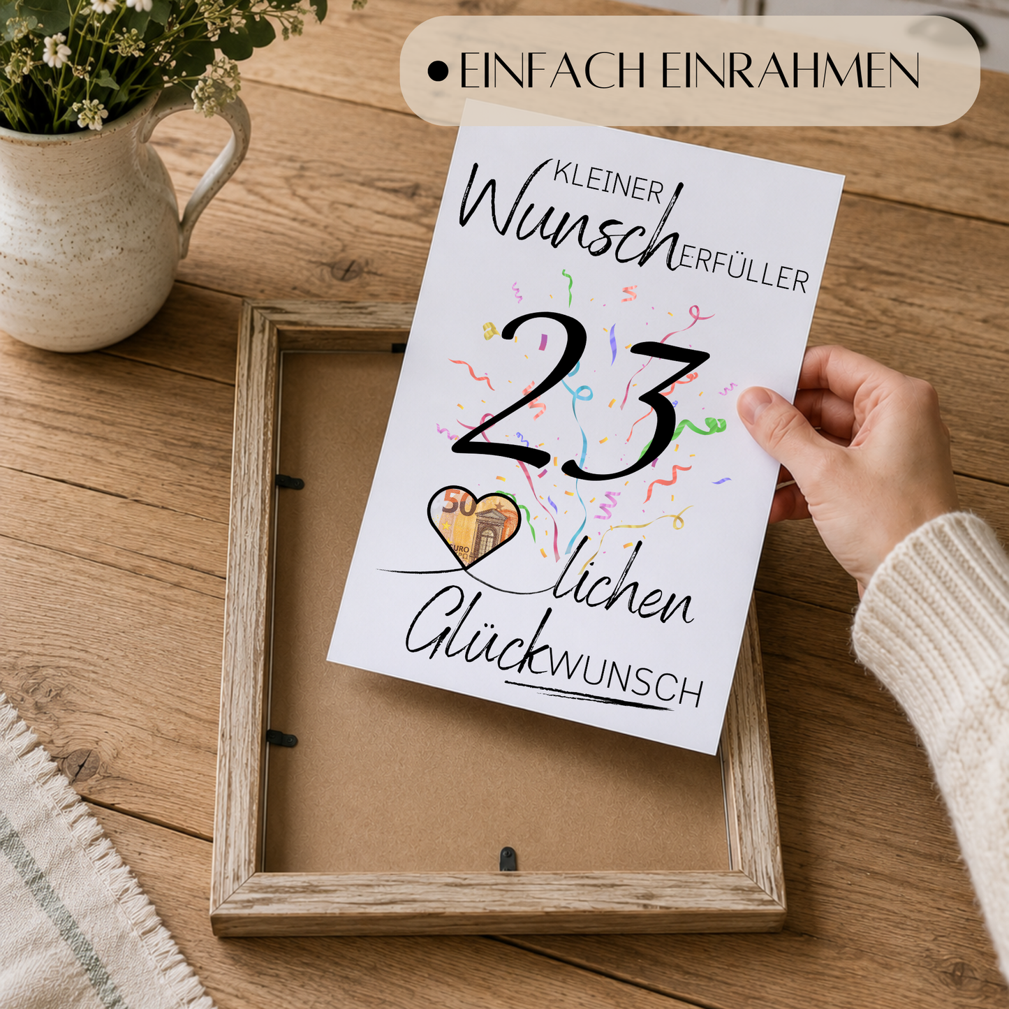 Geldgeschenk 23. Geburtstag Printable mit Konfetti, Herz für Geldschein, Wunscherfüller Design, Glückwunsch Poster zum Ausdrucken DIN A4