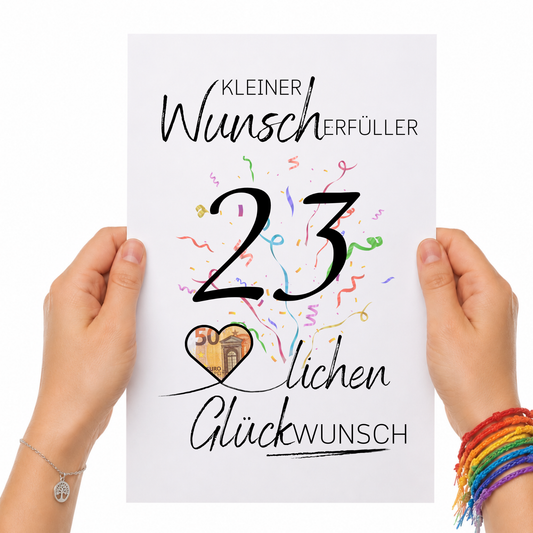 Geldgeschenk 23. Geburtstag Printable mit Konfetti, Herz für Geldschein, Wunscherfüller Design, Glückwunsch Poster zum Ausdrucken DIN A4