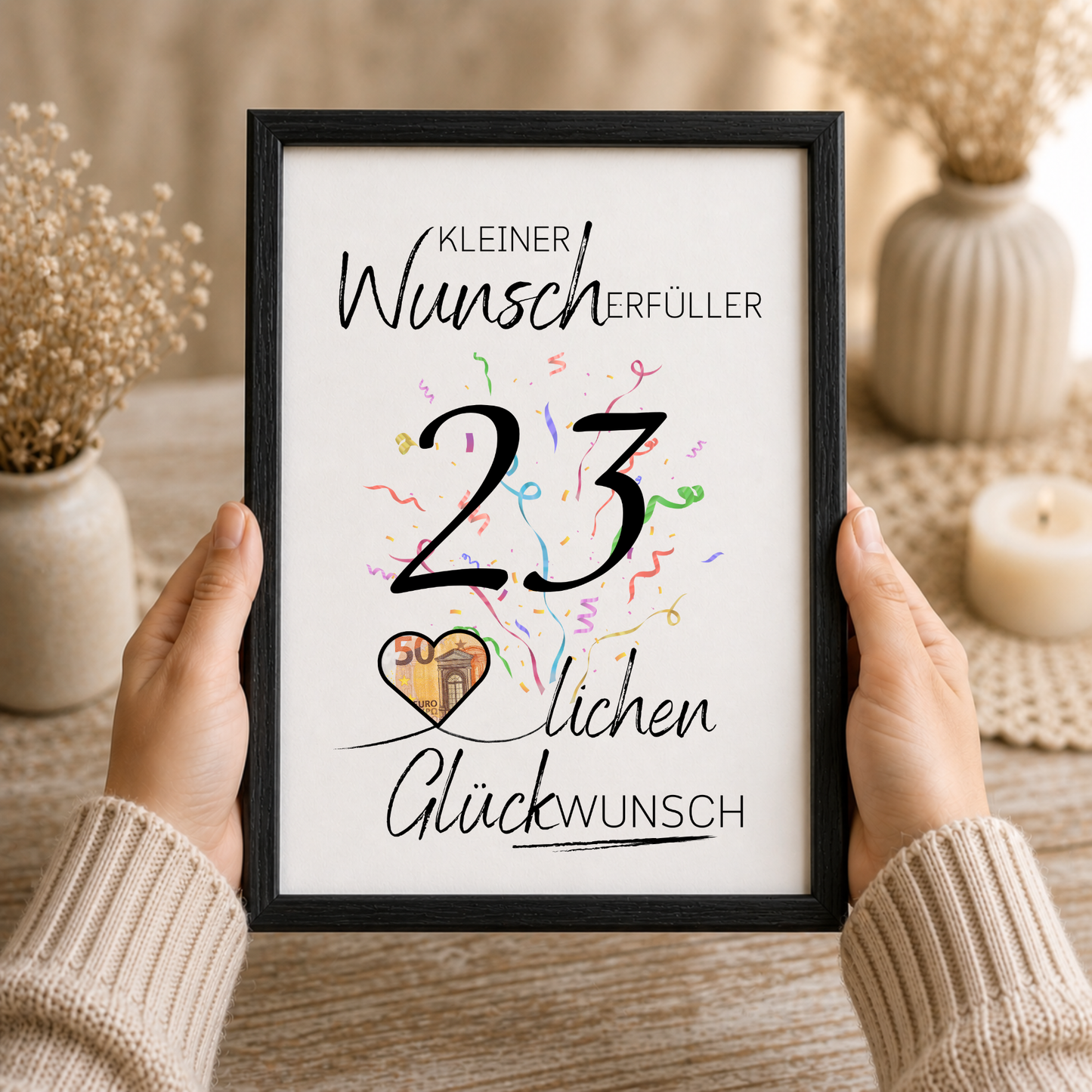 Geldgeschenk 23. Geburtstag Printable mit Konfetti, Herz für Geldschein, Wunscherfüller Design, Glückwunsch Poster zum Ausdrucken DIN A4