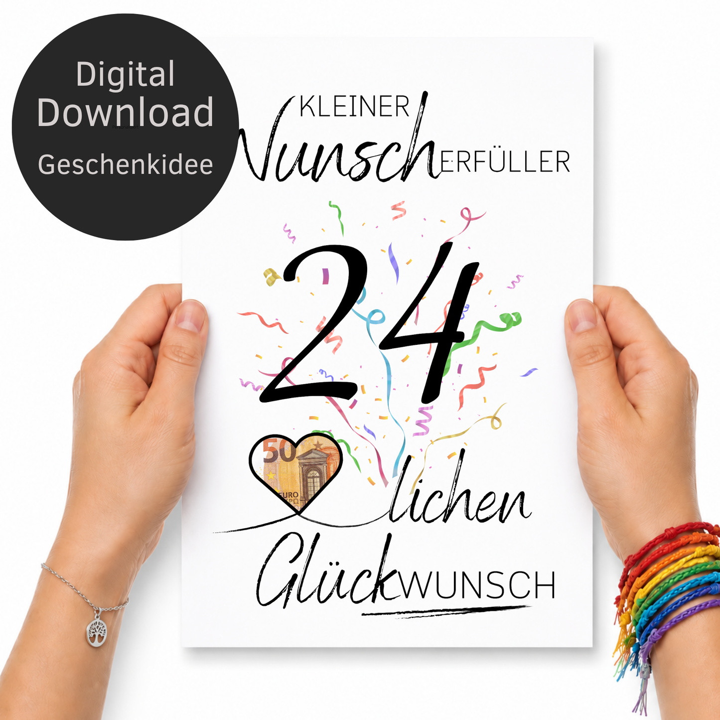 Geldgeschenk 24. Geburtstag Printable mit Konfetti, Schriftzug Kleiner Wunscherfüller, Herz für Geldschein und modernem Geburtstagsdesign zum Ausdrucken