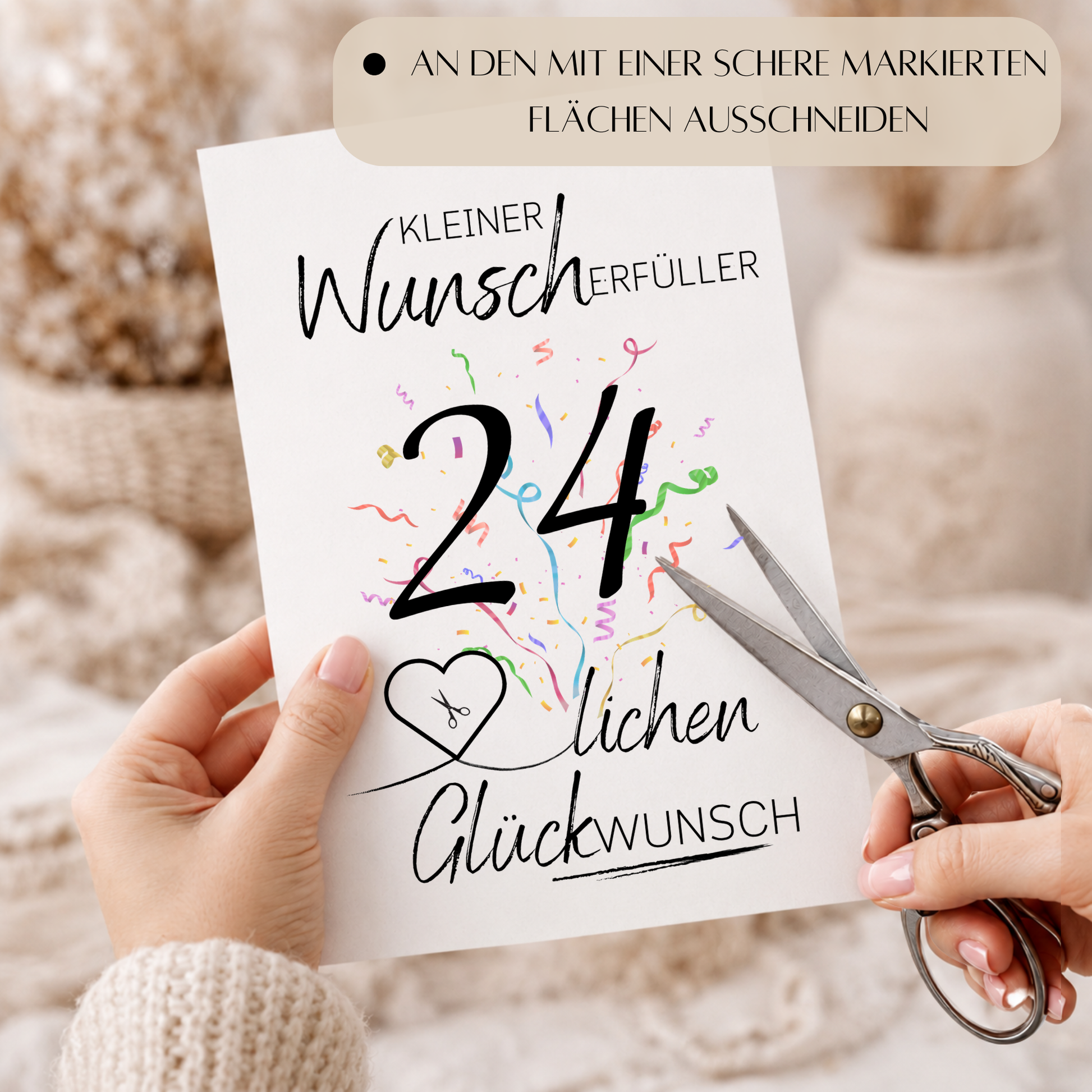 Geldgeschenk 24. Geburtstag Printable mit Konfetti, Schriftzug Kleiner Wunscherfüller, Herz für Geldschein und modernem Geburtstagsdesign zum Ausdrucken
