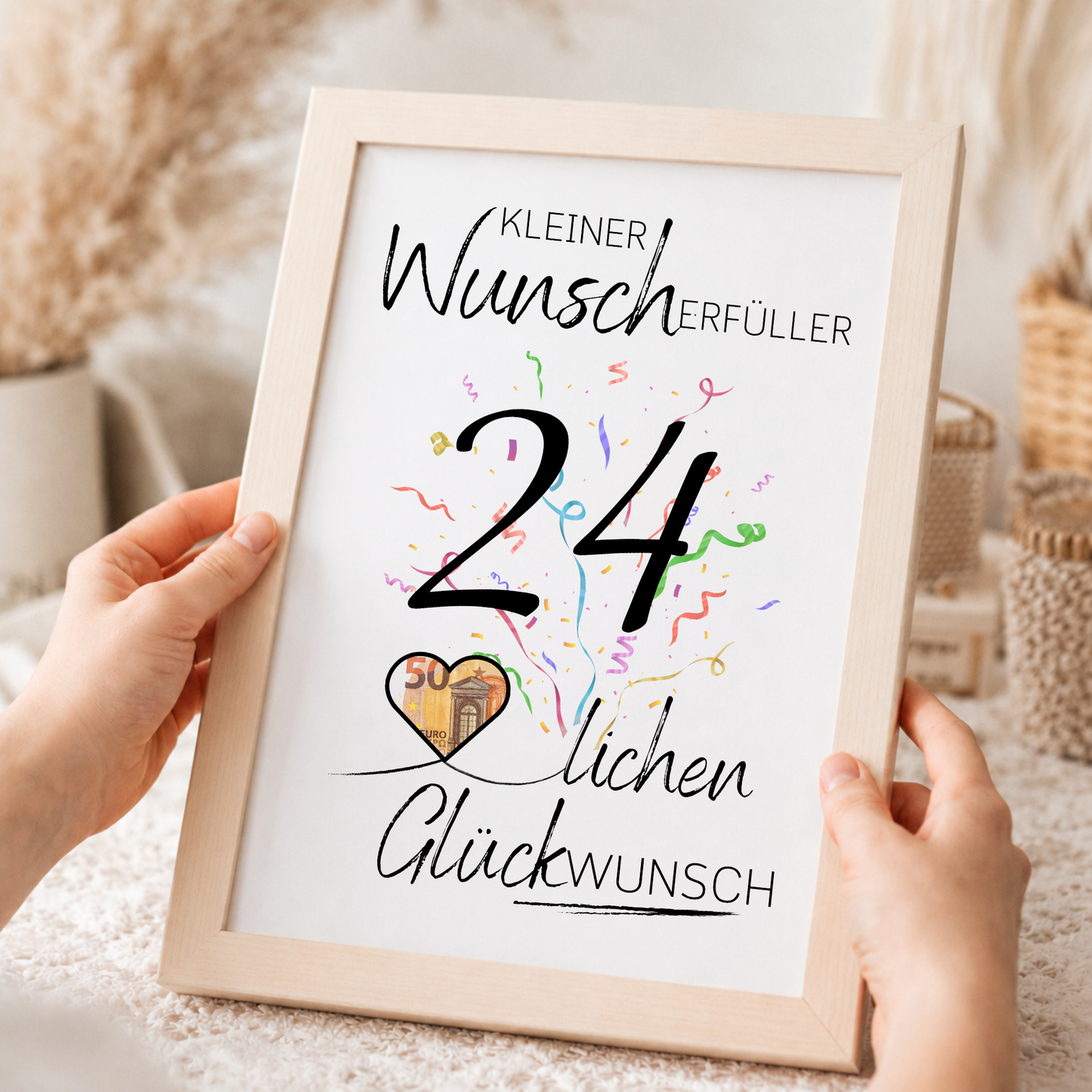 Geldgeschenk 24. Geburtstag Printable mit Konfetti, Schriftzug Kleiner Wunscherfüller, Herz für Geldschein und modernem Geburtstagsdesign zum Ausdrucken