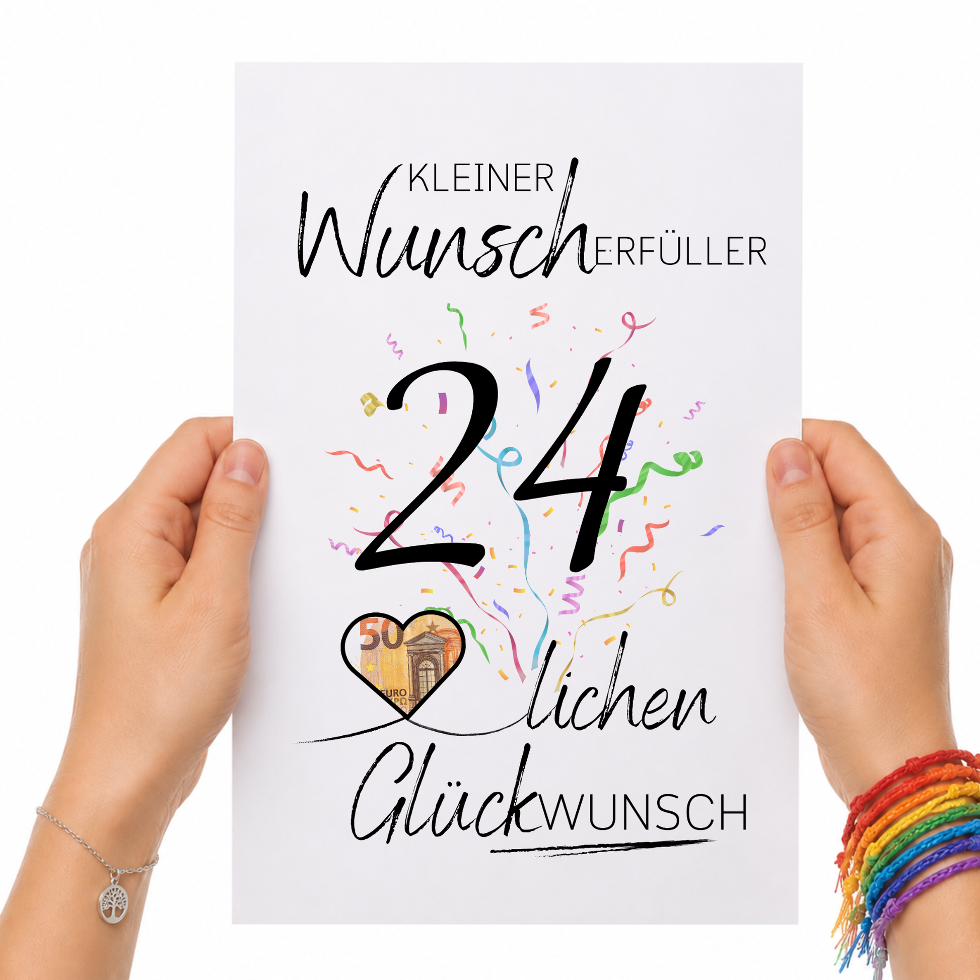 Geldgeschenk 24. Geburtstag Printable mit Konfetti, Schriftzug Kleiner Wunscherfüller, Herz für Geldschein und modernem Geburtstagsdesign zum Ausdrucken