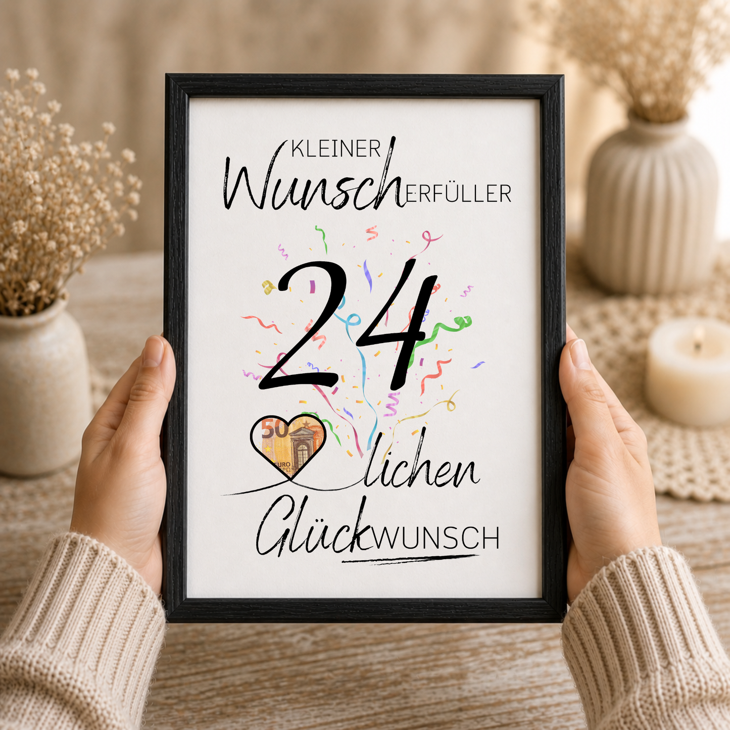 Geldgeschenk 24. Geburtstag Printable mit Konfetti, Schriftzug Kleiner Wunscherfüller, Herz für Geldschein und modernem Geburtstagsdesign zum Ausdrucken
