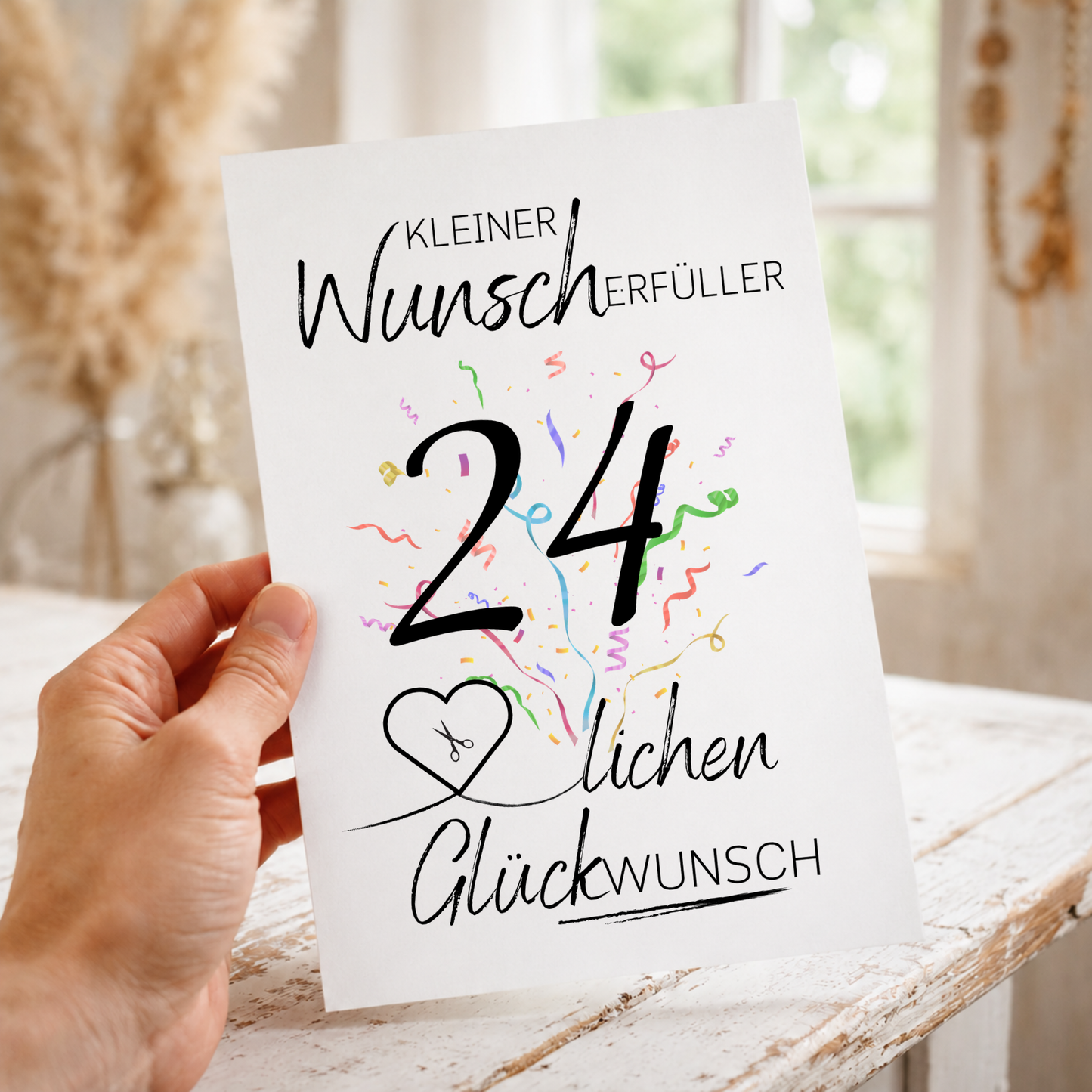 Geldgeschenk 24. Geburtstag Printable mit Konfetti, Schriftzug Kleiner Wunscherfüller, Herz für Geldschein und modernem Geburtstagsdesign zum Ausdrucken